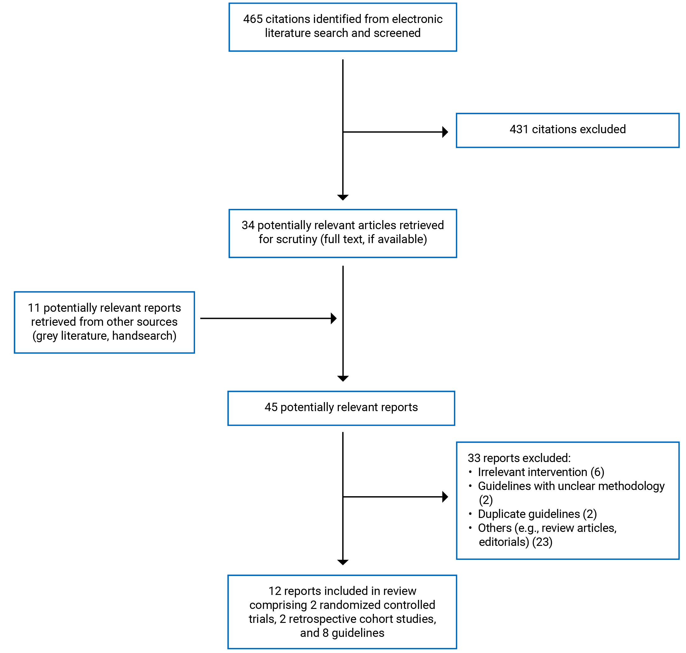 Of the 465 citations identified, 431 were excluded, while 34 electronic literature and 11 grey literature potentially relevant full-text reports were retrieved for scrutiny. In total 12 reports are included in the review.