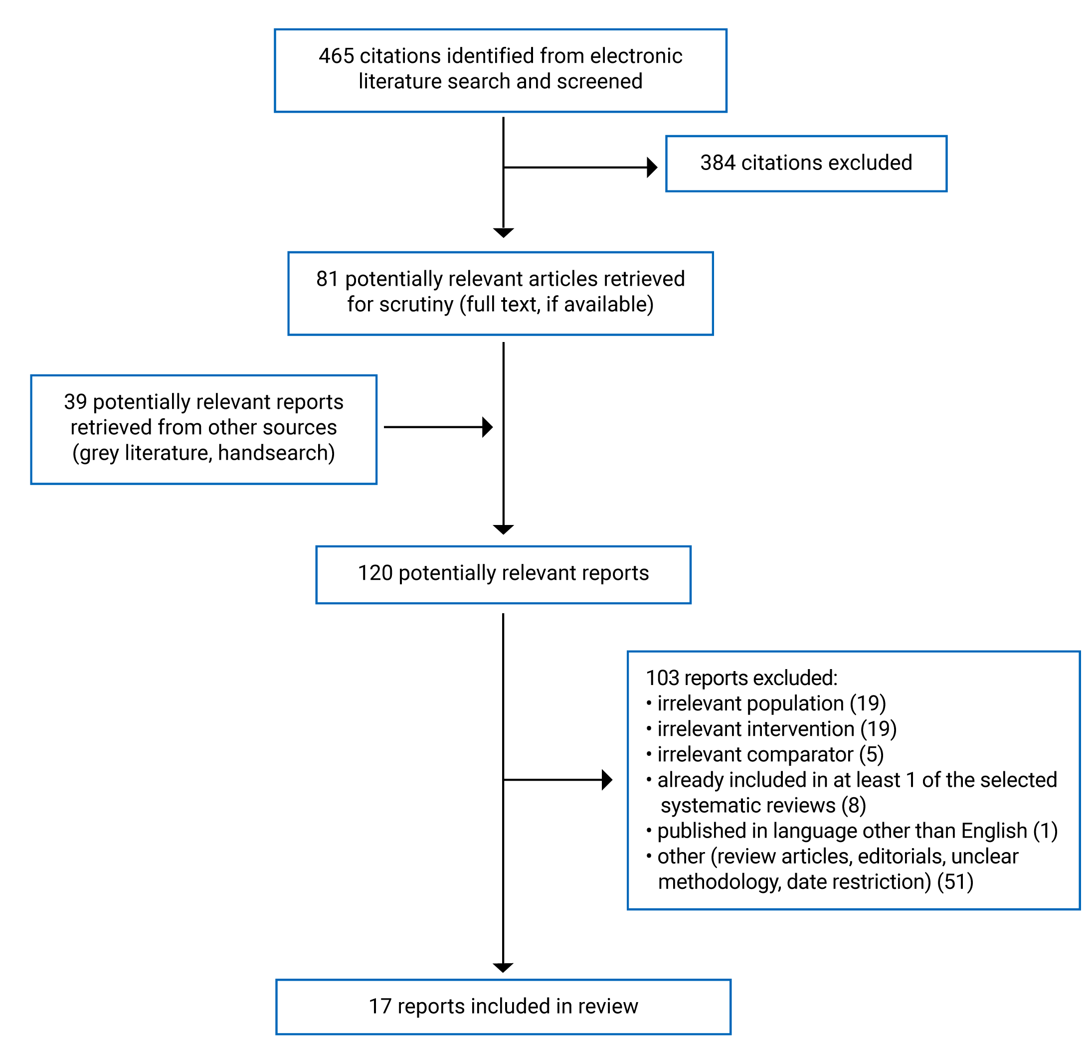 There were 465 citations identified, of which 384 were excluded, while 81 electronic literature and 39 grey literature potentially relevant full-text reports were retrieved for scrutiny. In total 17 reports are included in the review.