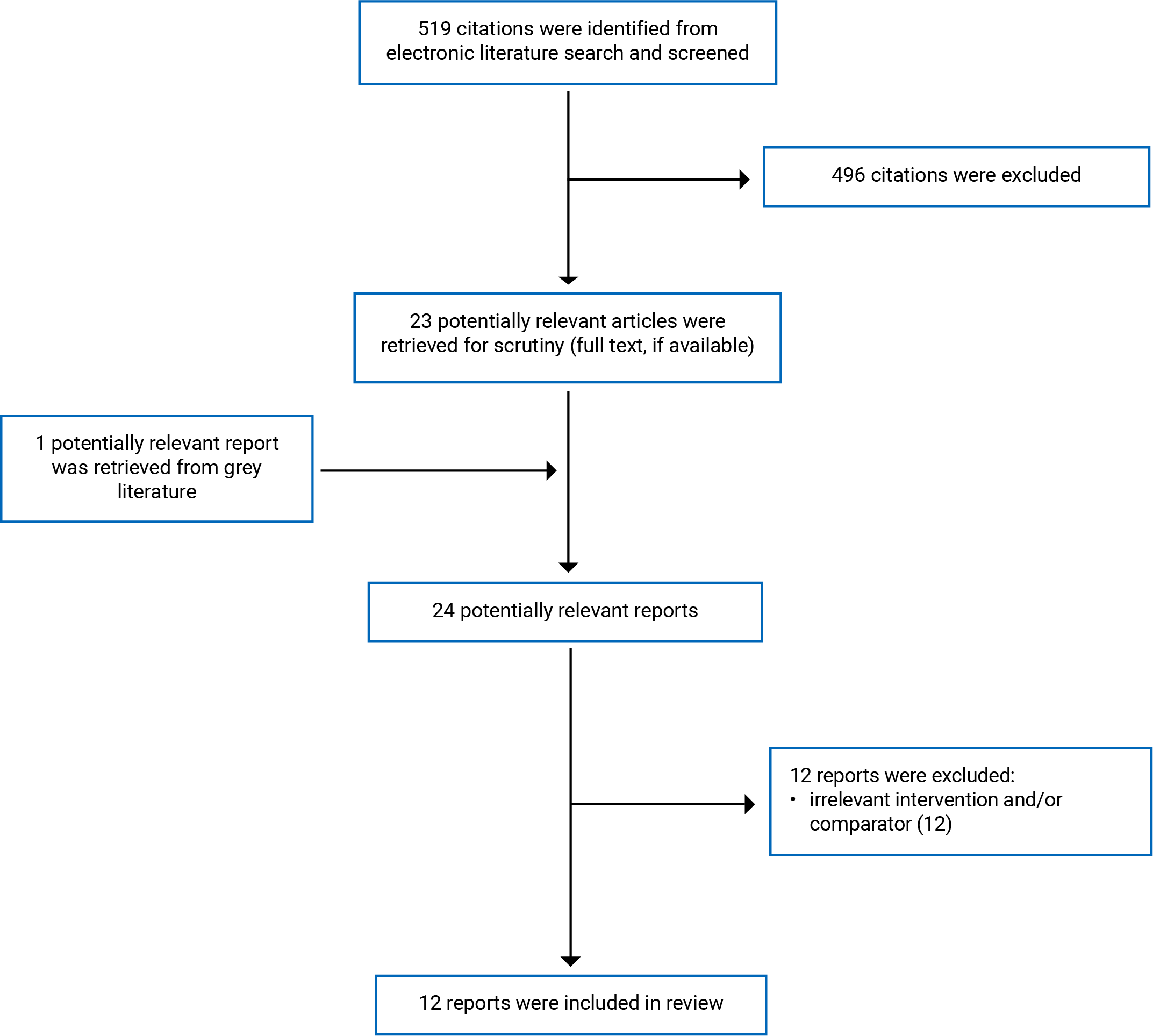 519 citations were identified, 496 were excluded, while 23 electronic literature and 1 gray literature potentially relevant full-text reports were retrieved for scrutiny. In total, 12 reports were included in the review.