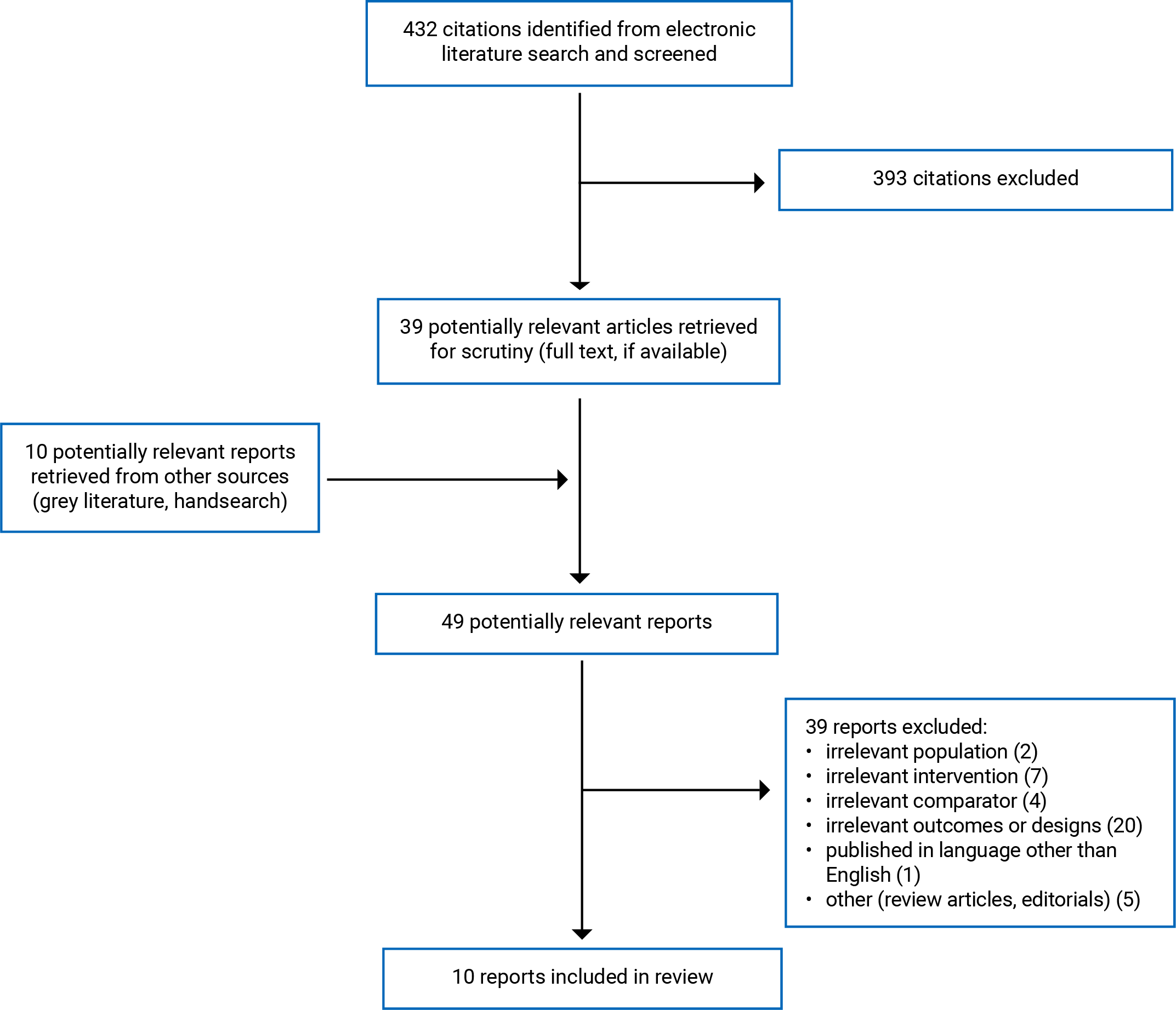 A total of 432 citations were identified, 393 were excluded, while 39 electronic literature and 10 grey literature potentially relevant full-text reports were retrieved for scrutiny. In total, 10 reports are included in the review.