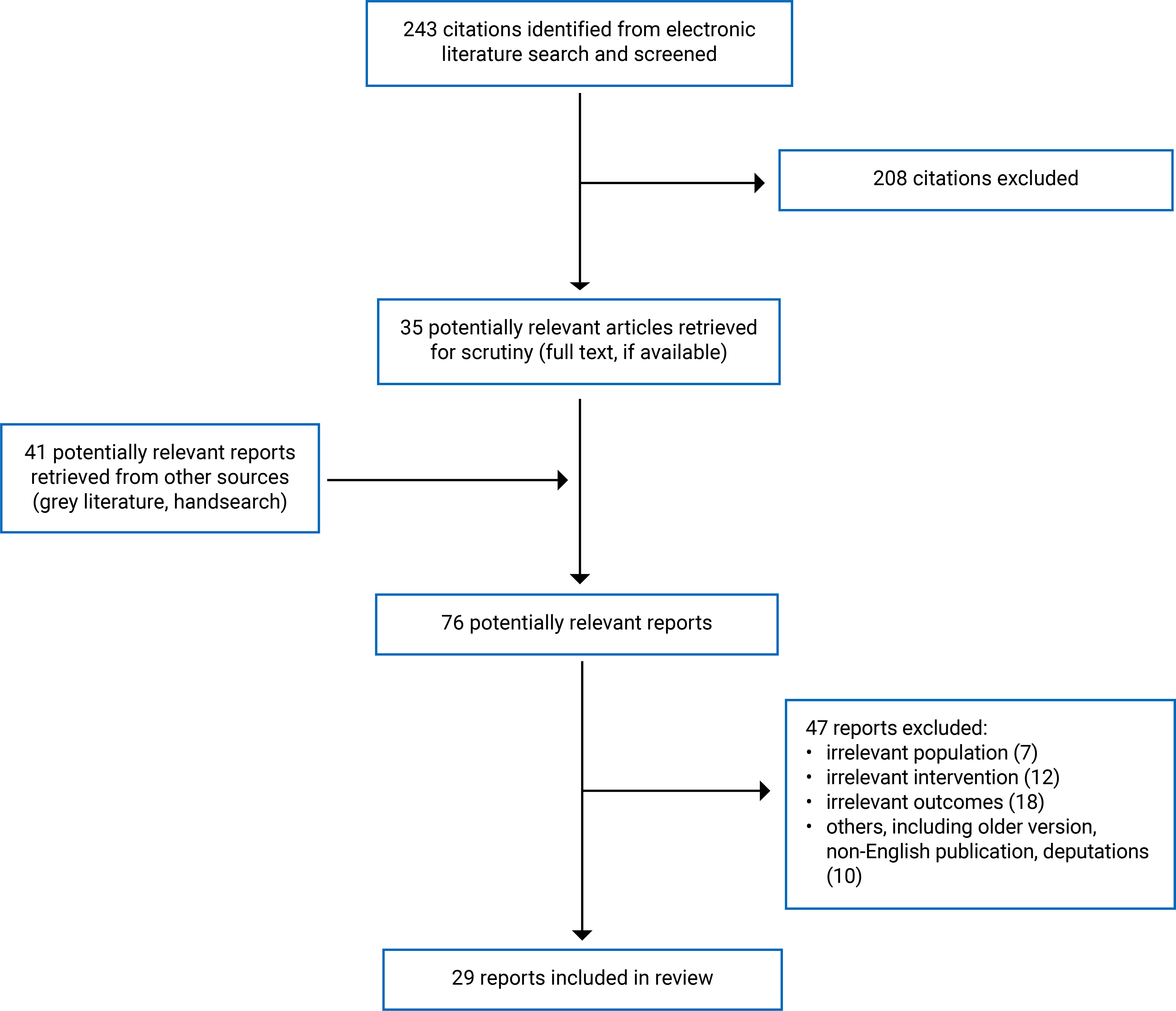 243 citations were identified, 208 were excluded, while 35 electronic literature and 41 grey literature potentially relevant full-text reports were retrieved for scrutiny. In total 30 reports are included in the review.