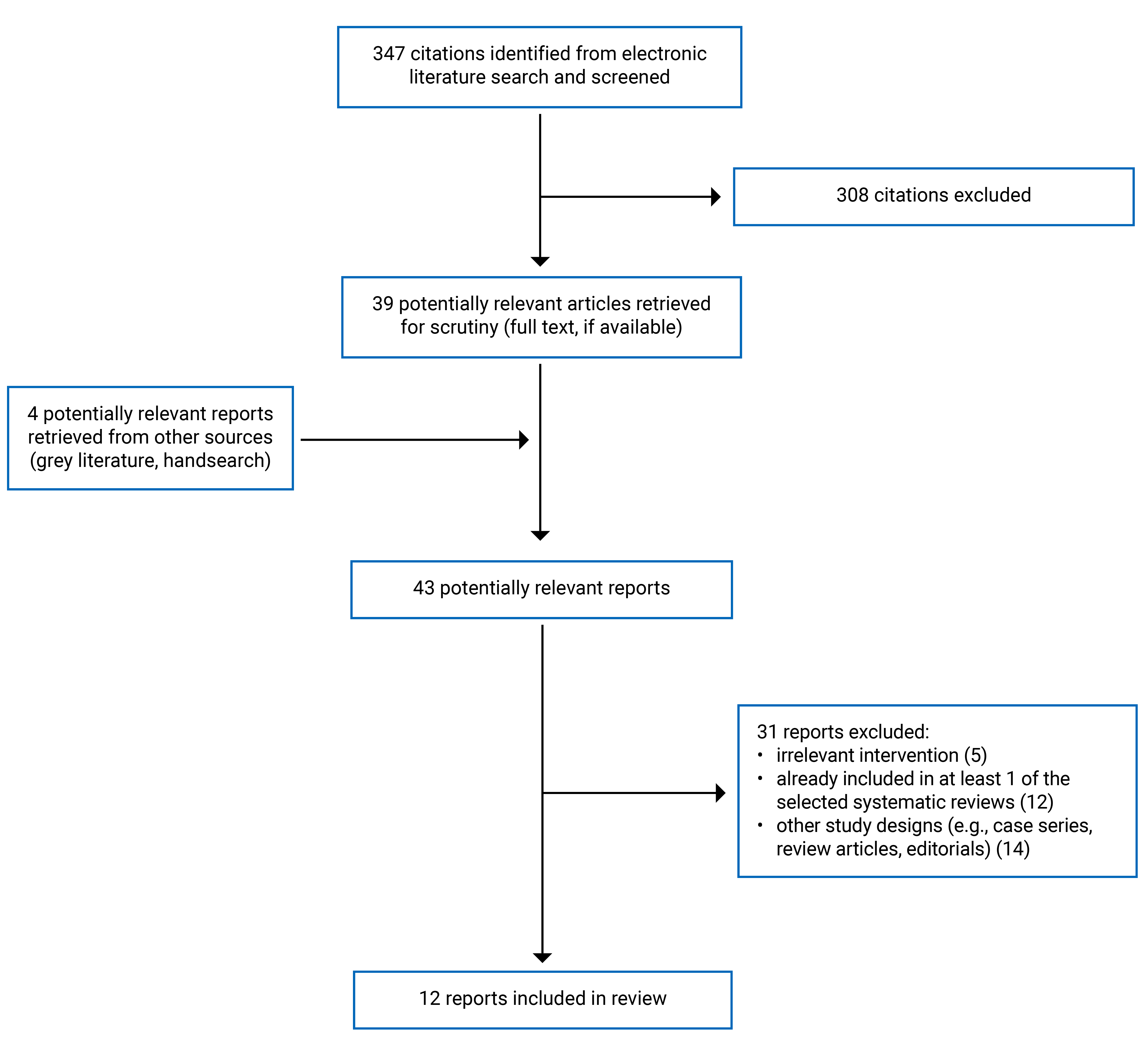 347 citations were identified, 308 were excluded, while 39 electronic literature and 4 grey literature potentially relevant full-text reports were retrieved for scrutiny. In total 12 reports are included in the review.