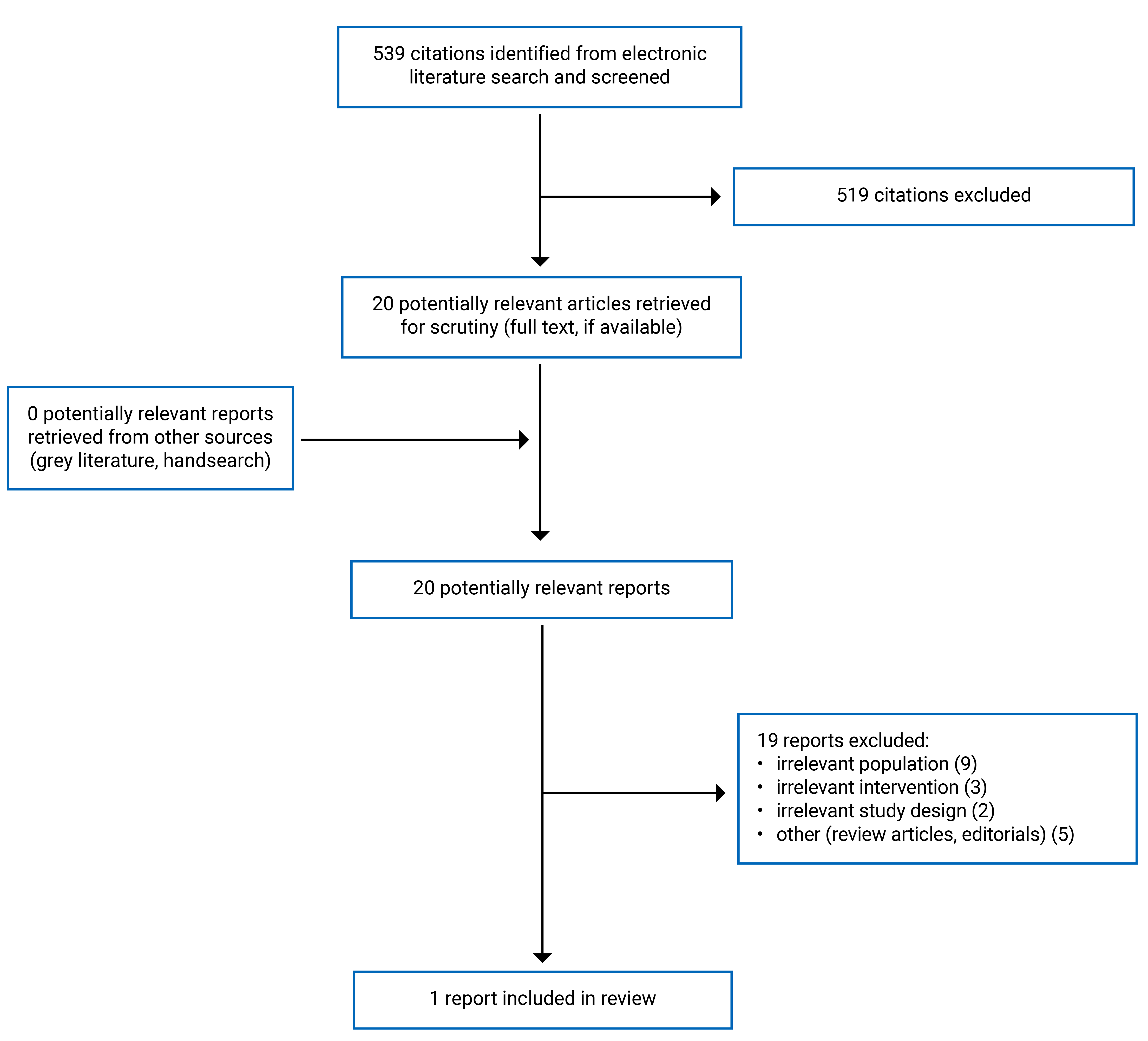 Overall, 539 citations were identified and 519 were excluded, while 20 electronic literature citations were retrieved for scrutiny. No grey literature potentially relevant full-text reports were identified. In total, 1 report is included in the review.