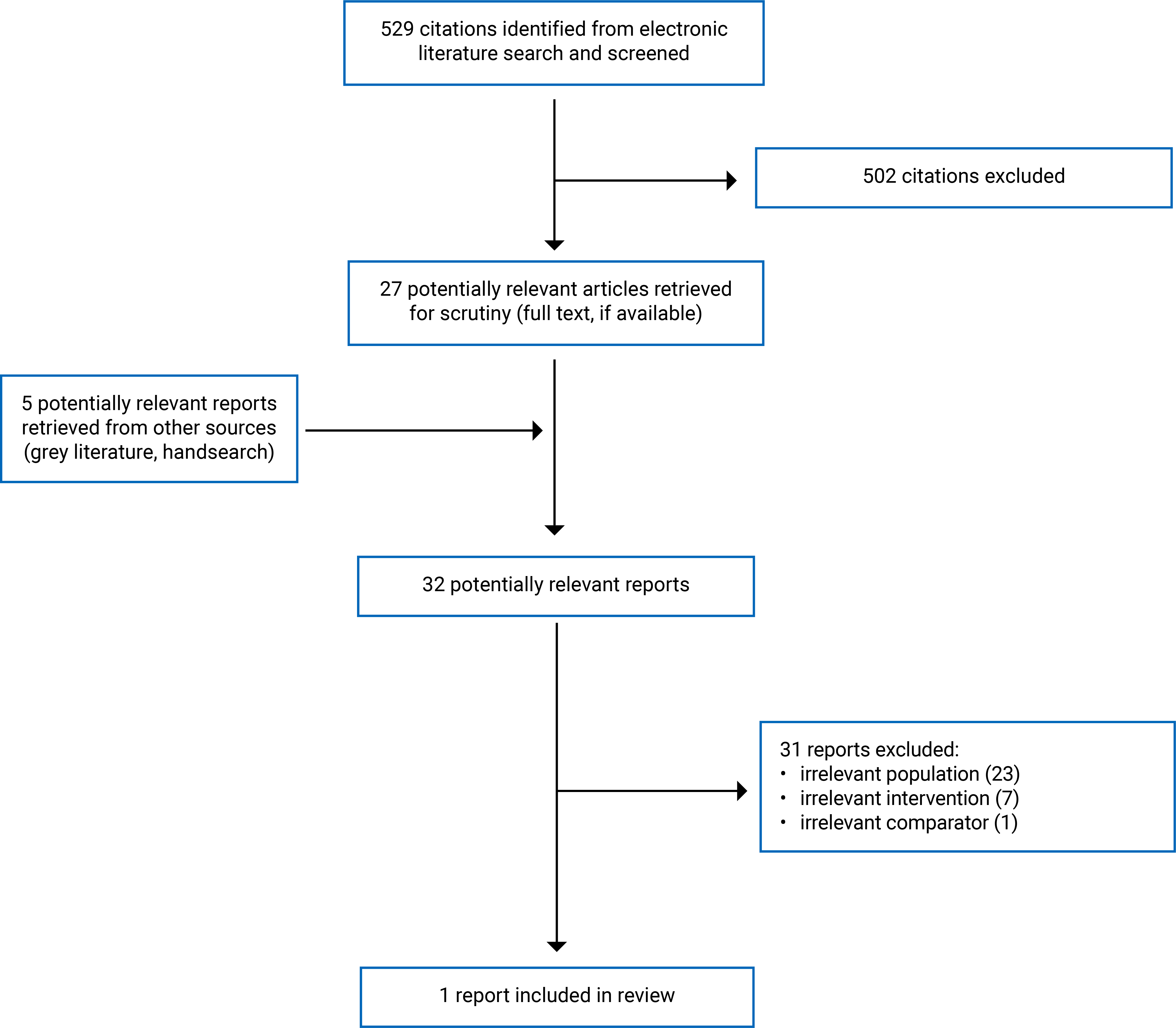 529 citations were identified, and 502 were excluded. 27 electronic literature and 5 grey literature full-text reports were retrieved for scrutiny. In total, 1 report is included in the review.