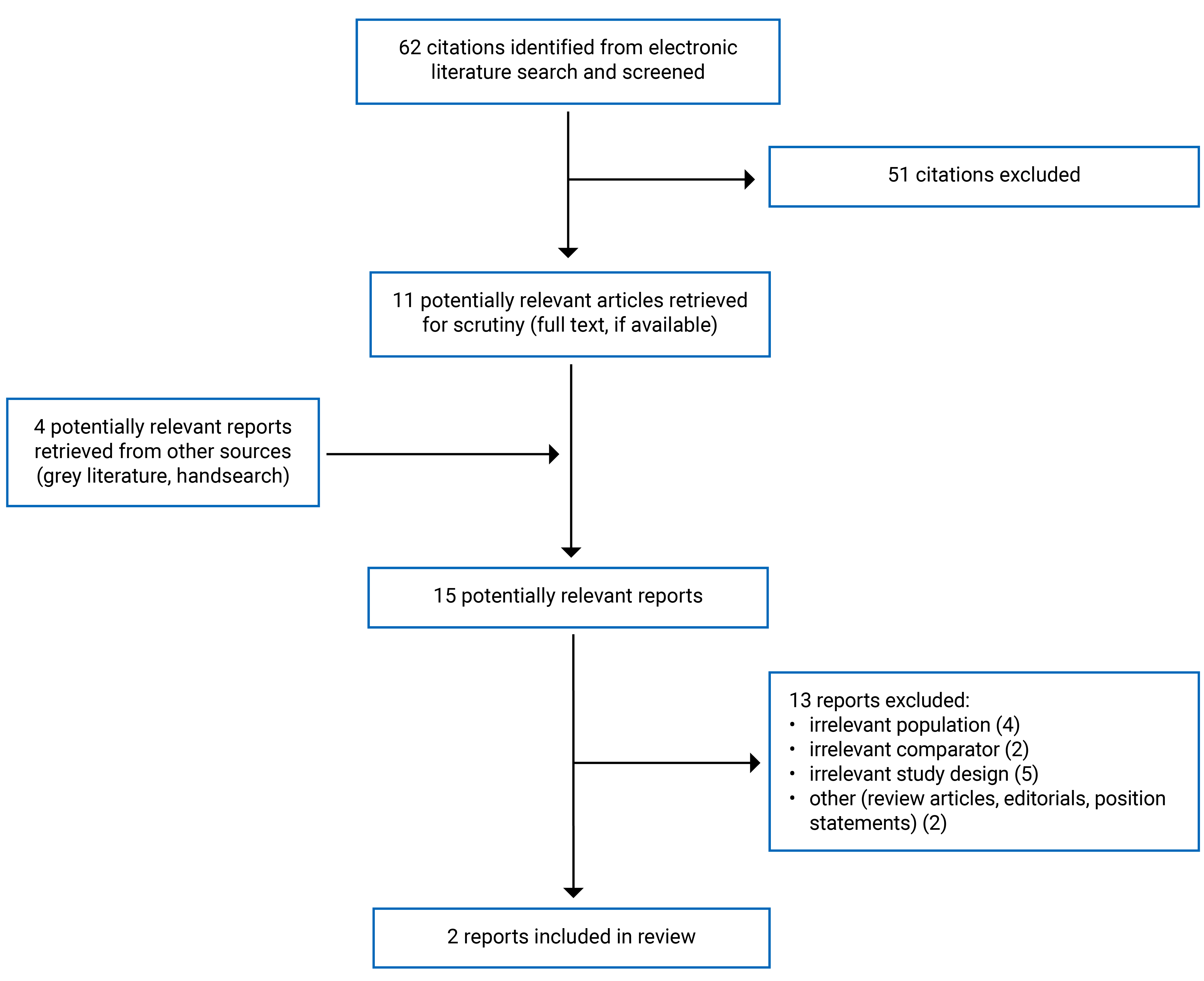 Sixty-two citations were identified, 51 were excluded, and 4 potentially relevant grey literature full-text reports were retrieved for scrutiny. In total, 2 reports are included in the review.
