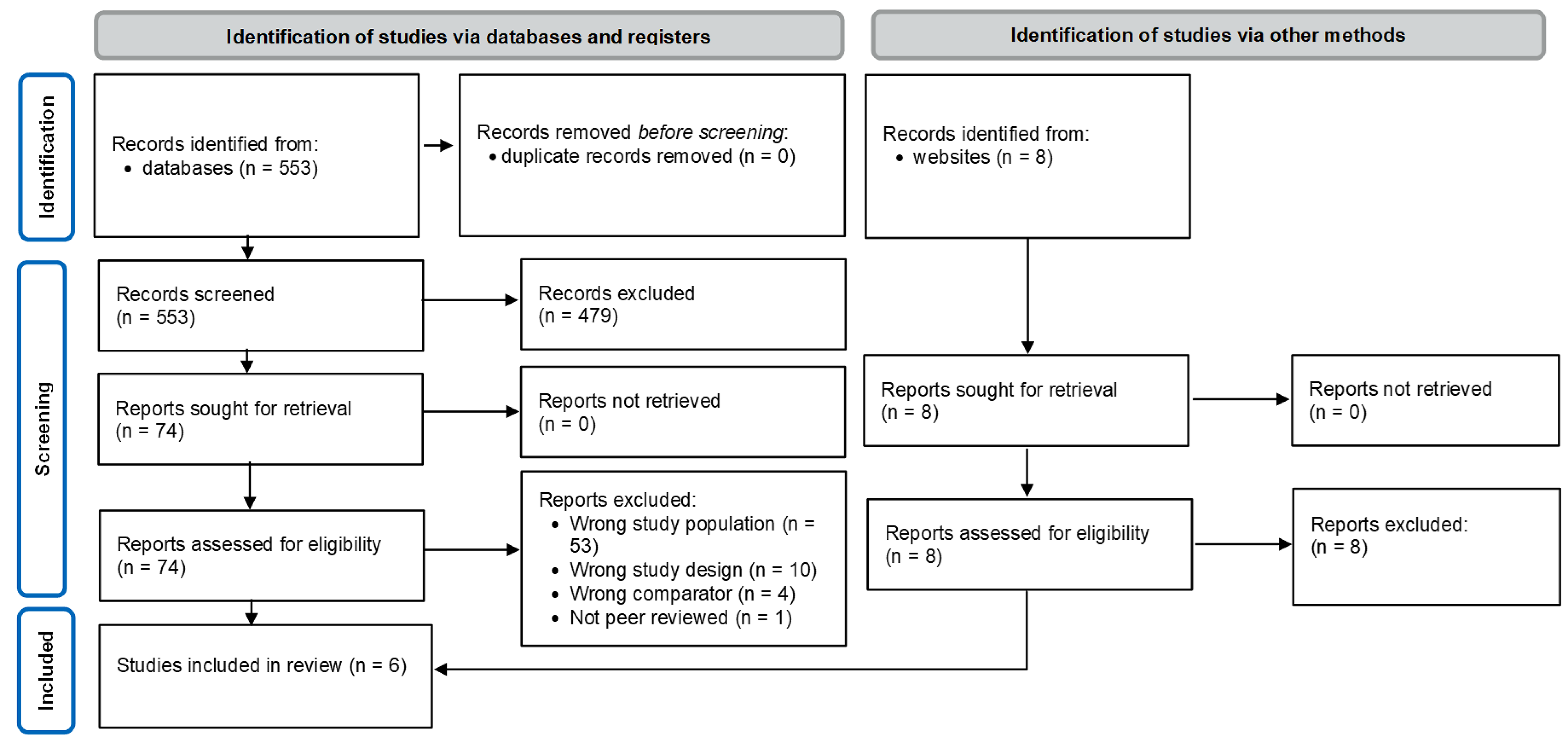 A flow diagram showing 553 citations were identified and 479 were excluded. There were 8 potentially relevant reports retrieved from other sources, for a total of 74 potentially relevant articles and grey literature reports retrieved for scrutiny. In total, 68 were excluded and 6 reports were included in the review.