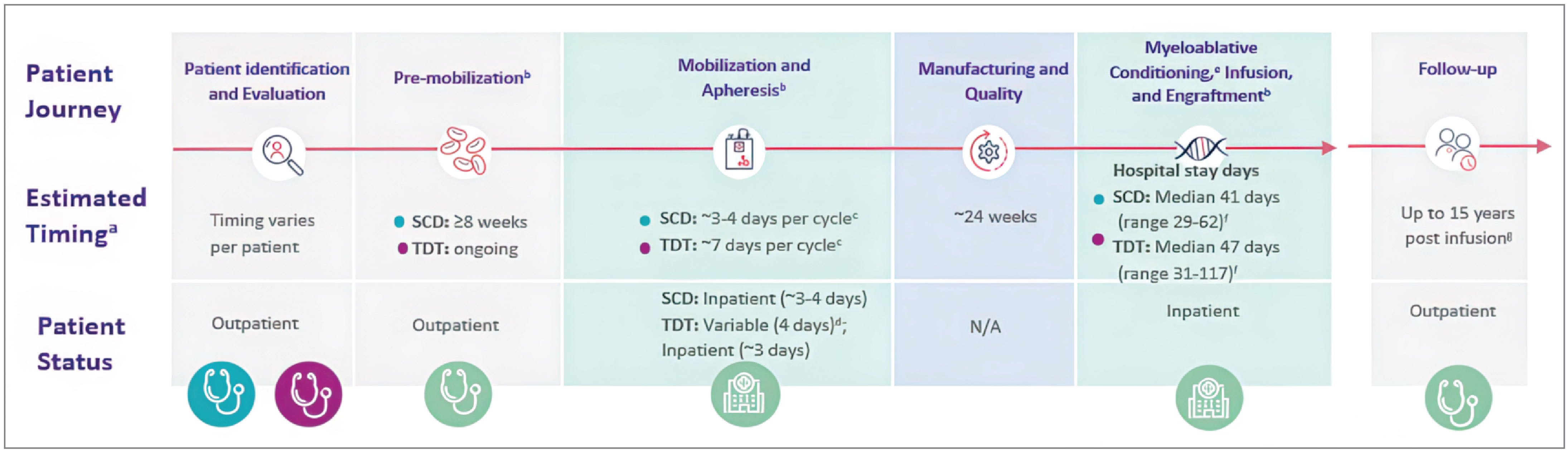The expected treatment journey for patients who receive exagamglogene autotemcel. Patients selected for treatment after thorough evaluation will undergo CD34+ mobilization and cell collection before receiving busulfan conditioning chemotherapy, followed by exagamglogene autotemcel infusion and long-term follow-up.