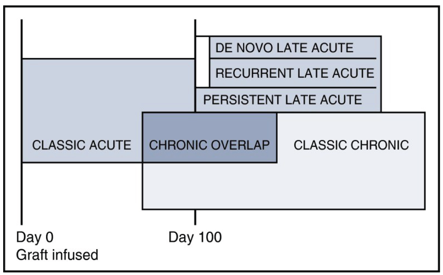 Figure outlining the overlap in and distinction between definitions of stages of graft versus host disease. Where Classic Acute begins at day 0, persistent late acute defined after day 100, classic chronic occurring sometime before and after day 100 and the mixing between classic acute and classic chronic for chronic overlap. Finally, the delayed start after day 100 for de novo late acute and recurrent late acute.