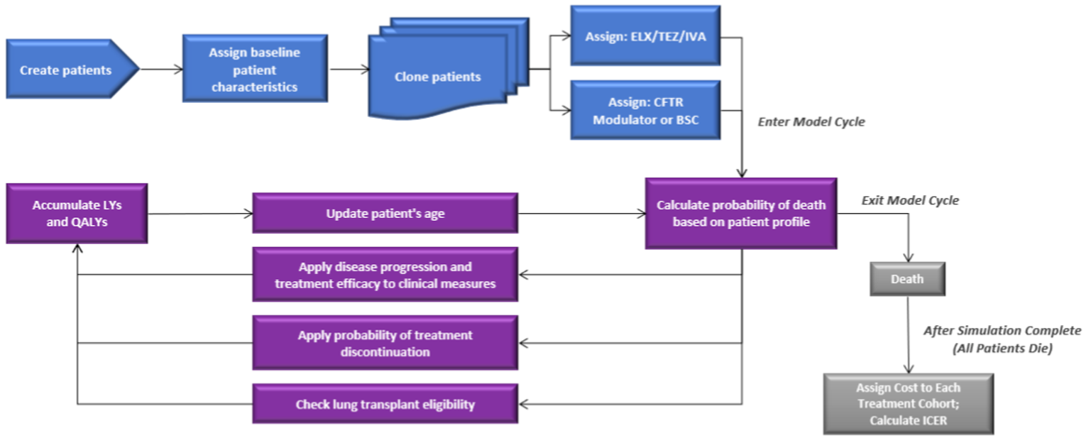 This figure first depicts the process by which a patient profile was generated. Once generated, the patient entered the sponsor’s model where it was at risk of various clinical events. At the beginning of each cycle, the model would calculate a patient’s mortality risk. If a patient survived, relevant patient characteristics, such as age, were updated. If a patient remained alive, the model also tracked treatment discontinuation and lung transplant eligibility and occurrence. Treatment with a CFTR modulator was assumed to affect disease progression and mortality through effects relating to ppFEV1, weight-for-age z scores, and pulmonary exacerbation rates. During each cycle, patients would accrue life-years and QALYs, whereas costs were applied at the end of each model run.