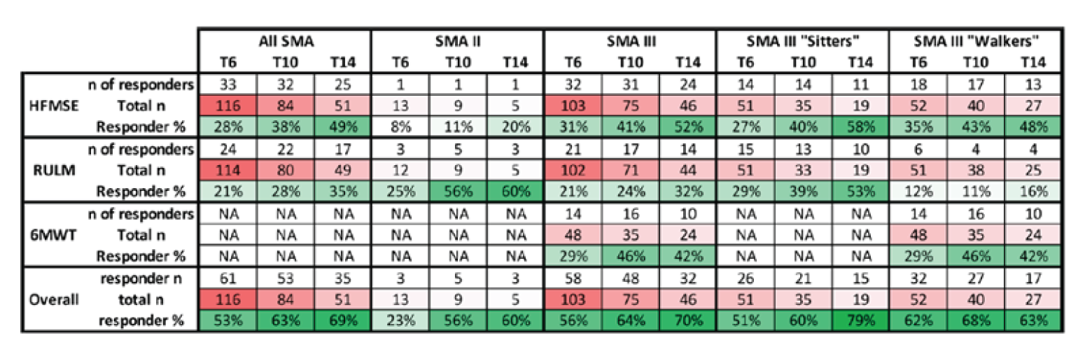 Heatmap of clinically meaningful improvements in motor function with the HFMSE, RULM, and 6MWT during treatment with nusinersen in all SMA patients, patients with type II SMA, patients with type III SMA, sitters with type III SMA, and walkers with type III SMA at 6 months, 10 months, and 14 months. Responders were defined as having a change in HFMSE score from baseline of at least 3 points, a change in RULM score from baseline of at least 2 points, and a change in 6MWT distance from baseline of at least 30 m.