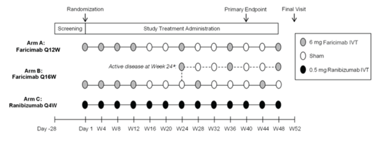 Following a 28-day screening period, patients were randomized to receive 6 mg faricimab IVT every 4 weeks up to week 12, followed by 6 mg faricimab IVT every 12 weeks up to week 48 in arm A, or 6 mg faricimab IVT every 4 weeks up to week 12, followed by 6 mg faricimab IVT every 16 weeks up to week 48 in arm B, or 0.5 mg ranibizumab IVT every 4 weeks for 48 weeks in arm C in a 52-week double-blind phase.