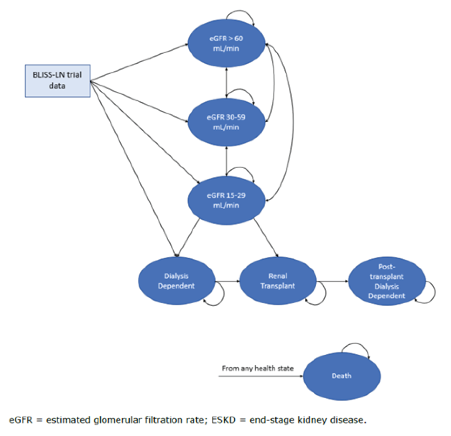 Seven-state Markov model in which patients transition between differing estimated glomerular filtration rate groups (greater than 60 mL/min, 30 mL/min to 59 mL/min, 15 mL/min to 29 mL/min) to either dialysis dependent or renal transplant. Across all groups, a patient can remain in their existing state or progress to any estimated glomerular filtration rate group state. Those in the 15 mL/min to 29 mL/min state can progress to dialysis dependent or renal transplant, and those in renal transplant can only progress to posttransplant dialysis dependent state. All states can also transition to the death state.