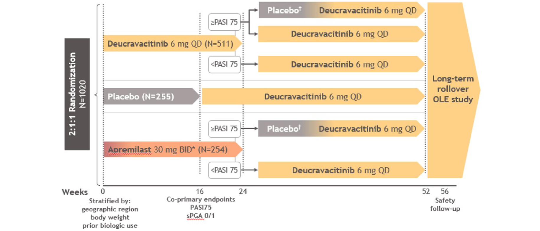 In the study design, patients were randomized 1:2:1 to placebo, deucravacitinib 6 mg once daily, or apremilast 30 mg twice daily. Patients in the placebo group were switched to deucravacitinib at week 16. At week 24, patients in the apremilast group who had not achieved at least a PASI 75 response were switched to deucravacitinib; those with a PASI 75 response were switched to placebo. At week 24, patients in the deucravacitinib group who had not achieved at least a PASI 75 response, remained on deucravacitinib. Those with a PASI 75 response were rerandomized to placebo or deucravacitinib.