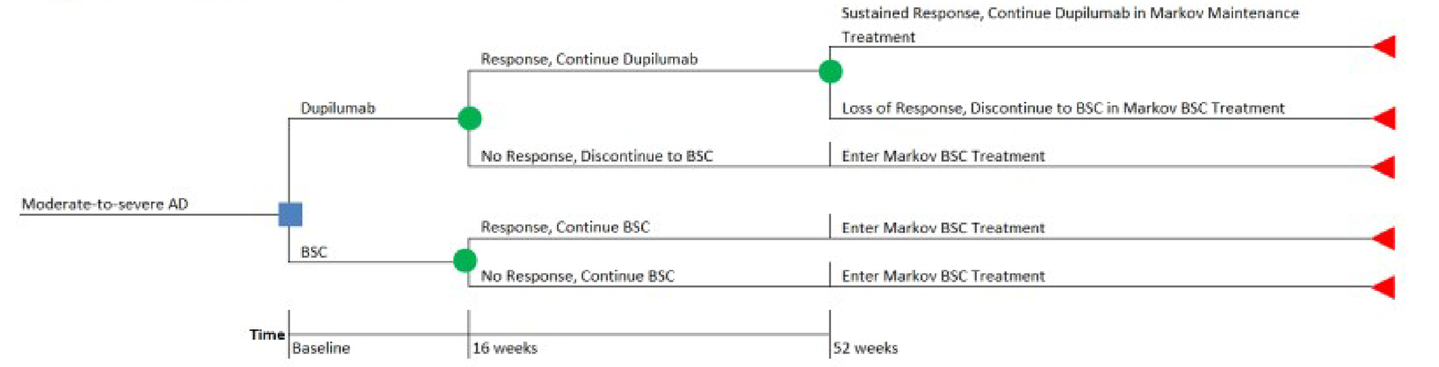 A diagram showing the sponsor’s submitted decision tree, starting at a primary node labelled moderate-to-severe AD, with patients receiving either dupilumab or best supportive care. Patients who respond to either therapy continue on treatment and enter the Markov model, while those who do not respond to initial treatment transition to best supportive care, and enter the Markov model on best supportive care.