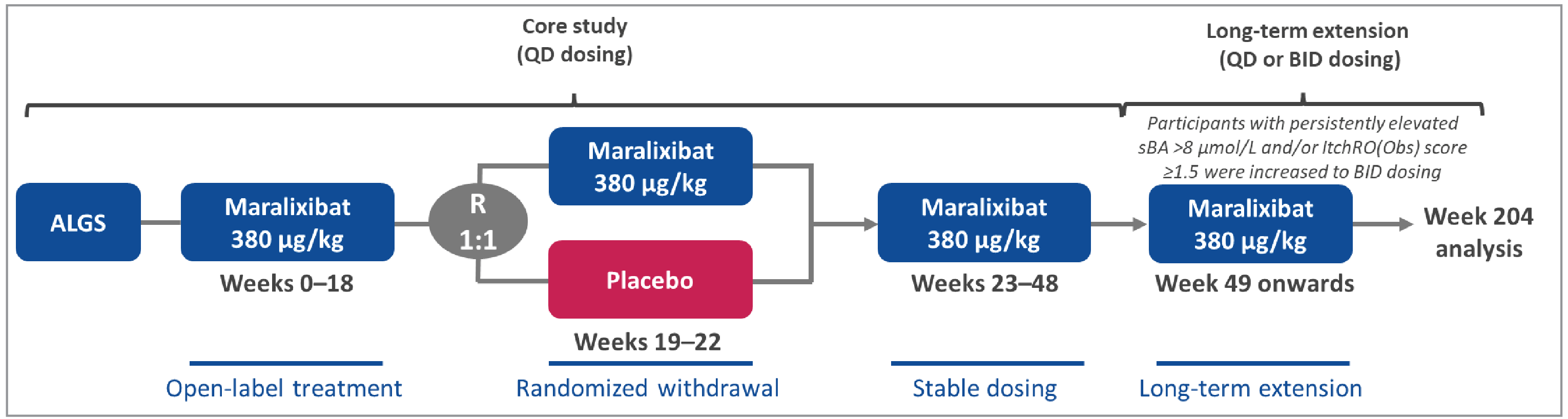 The figure shows the flow of patients through the ICONIC pivotal trial, which included an open-label run-in period from weeks 0 to 18. At the week 18 visit, patients were randomized 1:1 to continue to receive maralixibat or a corresponding placebo for 4 weeks, from weeks 19 to 22. Following week 22, patients entered a 26-week stable-dosing period at doses up to 400 mcg/kg/day, followed by an optional LTE phase after week 48.