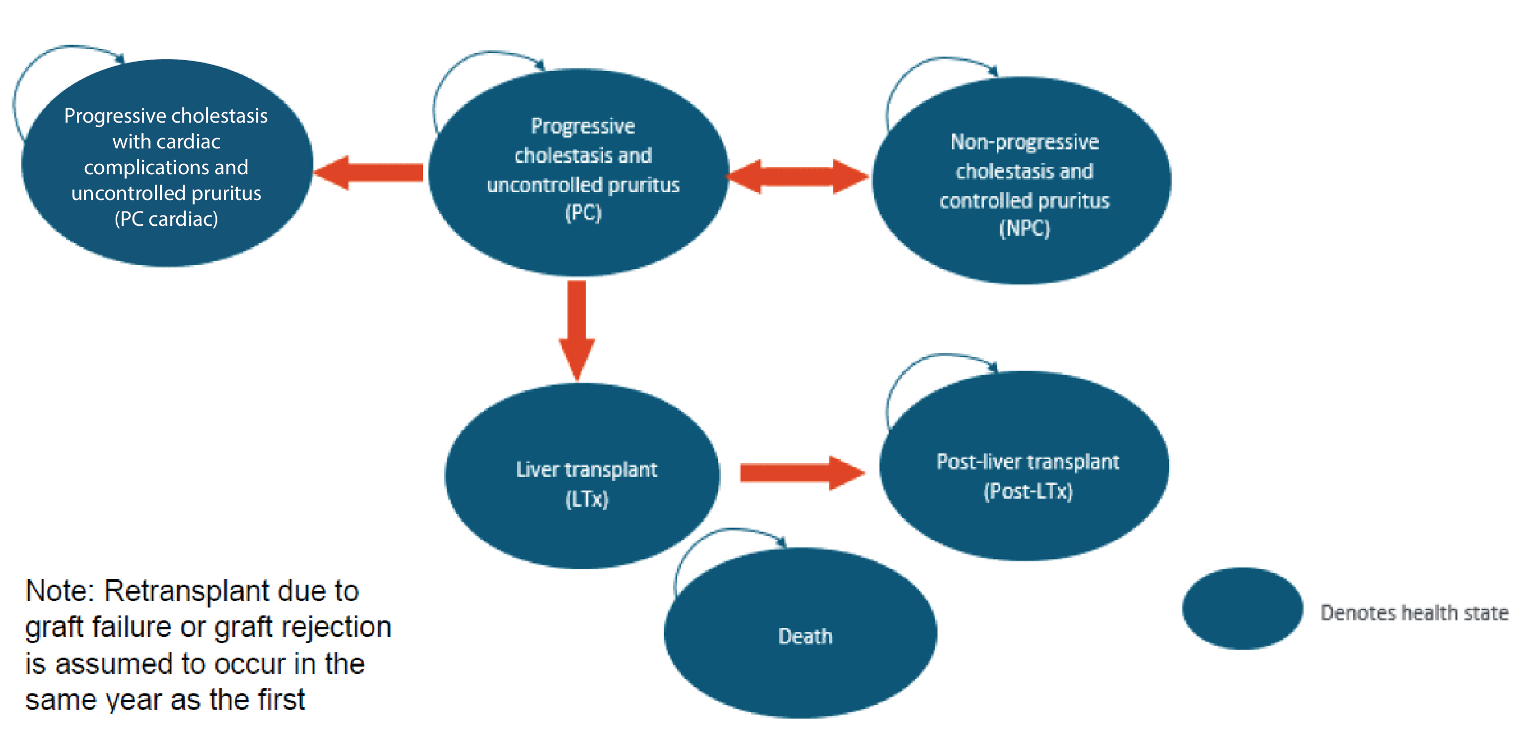 A series of 6 ellipses describing the structure of the decision model. The first ellipse is labelled “Progressive cholestasis with cardiac complications and uncontrolled pruritis (PC cardiac).” The second ellipse is labelled “Progressive cholestasis and uncontrolled pruritis (PC).” The third ellipse is labelled “Non-progressive cholestasis and controlled pruritis (NPC).” The fourth ellipse is labelled “Liver transplant (LTx).” The fifth ellipse is labelled “Post-liver transplant (Post-LTx).” The sixth ellipse is labelled “Death.”