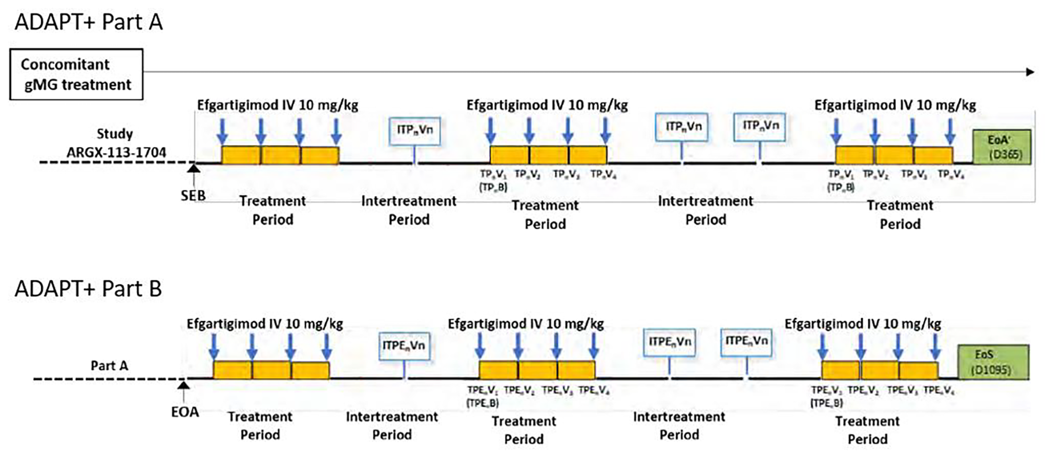 The study design timeline for the ADAPT+ trial, which included a 3-year treatment period separated into 2 sequential parts (part A: 1 year, part B: 2 years maximum).