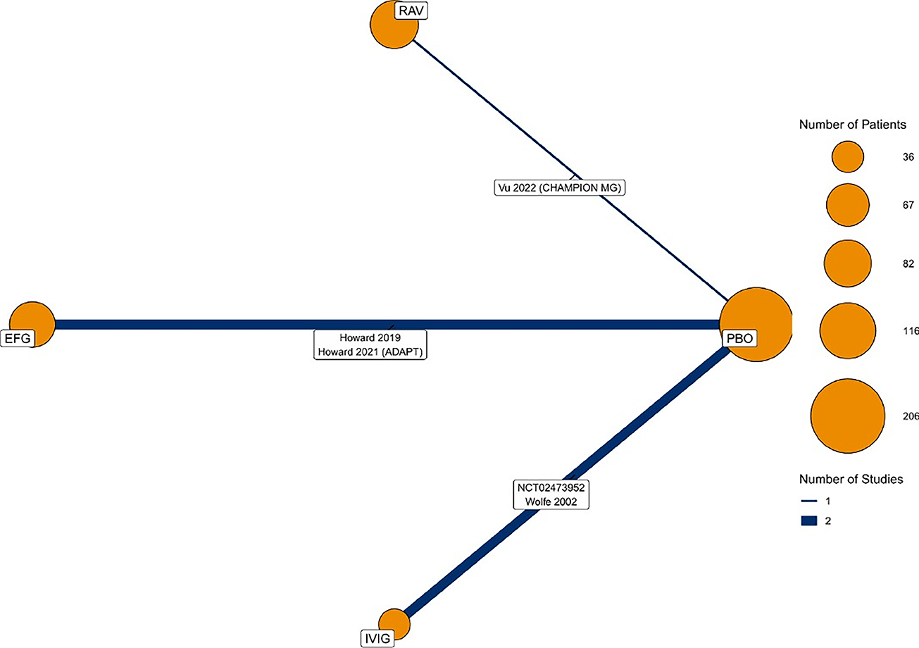 In this network, all active treatments of interest, including efgartigimod alfa, ravulizumab, and IV immunoglobulin, were connected to placebo. The number of patients in each treatment varied from 36 to 206. Two studies were included to compare efgartigimod alfa with placebo and 2 studies were included to compare IV immunoglobulin with placebo. One study was included to compare ravulizumab with placebo.