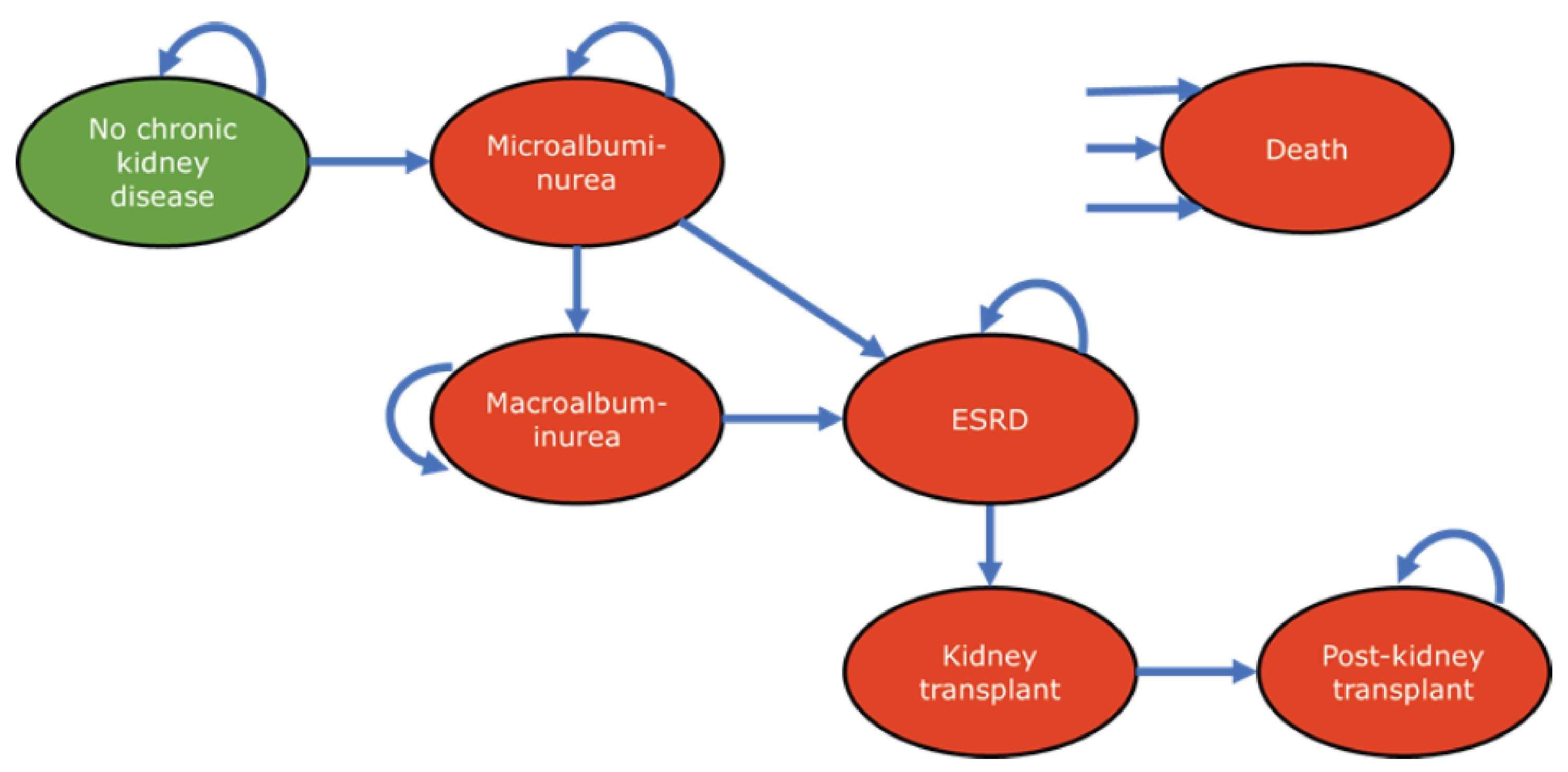 This figure provides a depiction of how the model cohort moves through various health states related to chronic kidney disease.