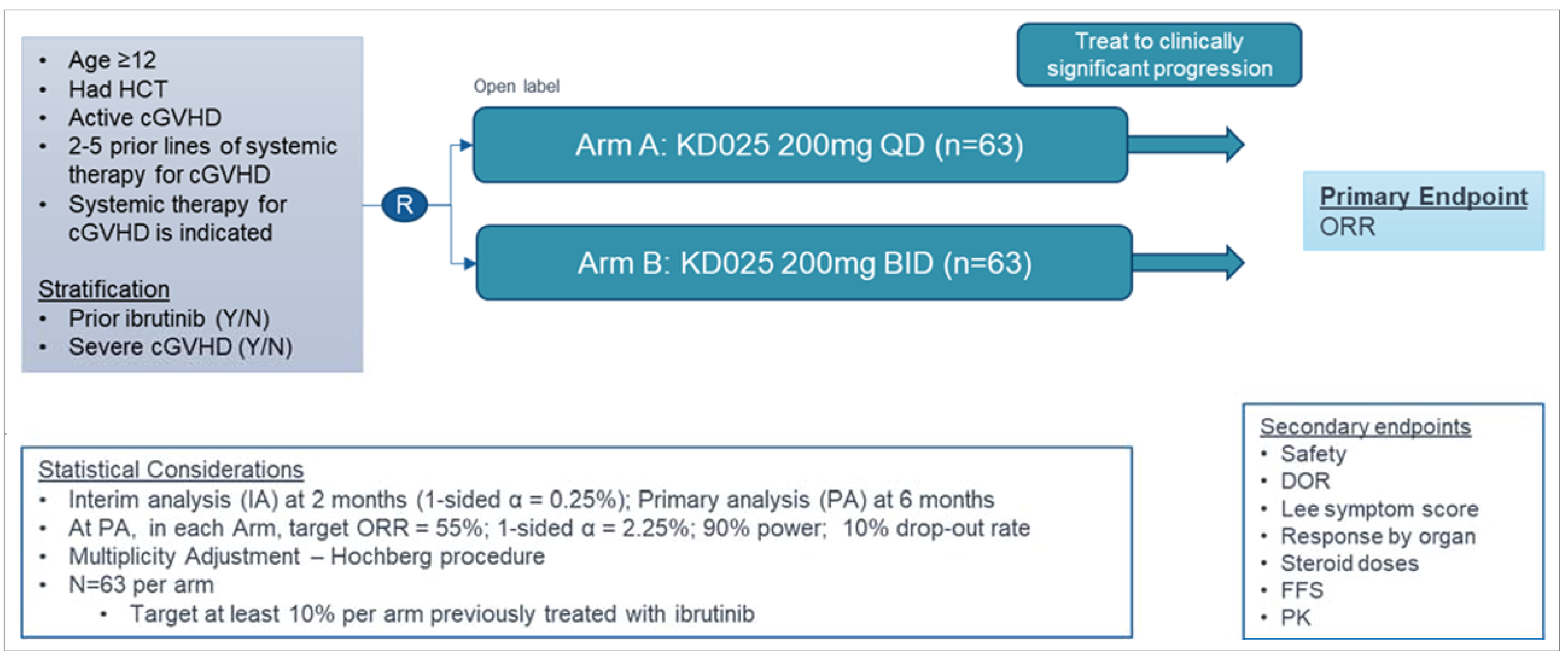 Eligible patients were randomized to receive either belumosudil 200 mg once daily or belumosudil 200 twice daily and treated until clinically significant progression occurred. Statistical considerations included an interim analysis at 2 months with a 1-sided alpha of 0.25% and a primary analysis at 6 months with a 1-sided alpha of 2.25% based on a target ORR of 55% in each arm of the study, 90% power, and a 10% dropout rate. The primary end point of the study was ORR and secondary end points included safety, DOR, FFS, and LSS.