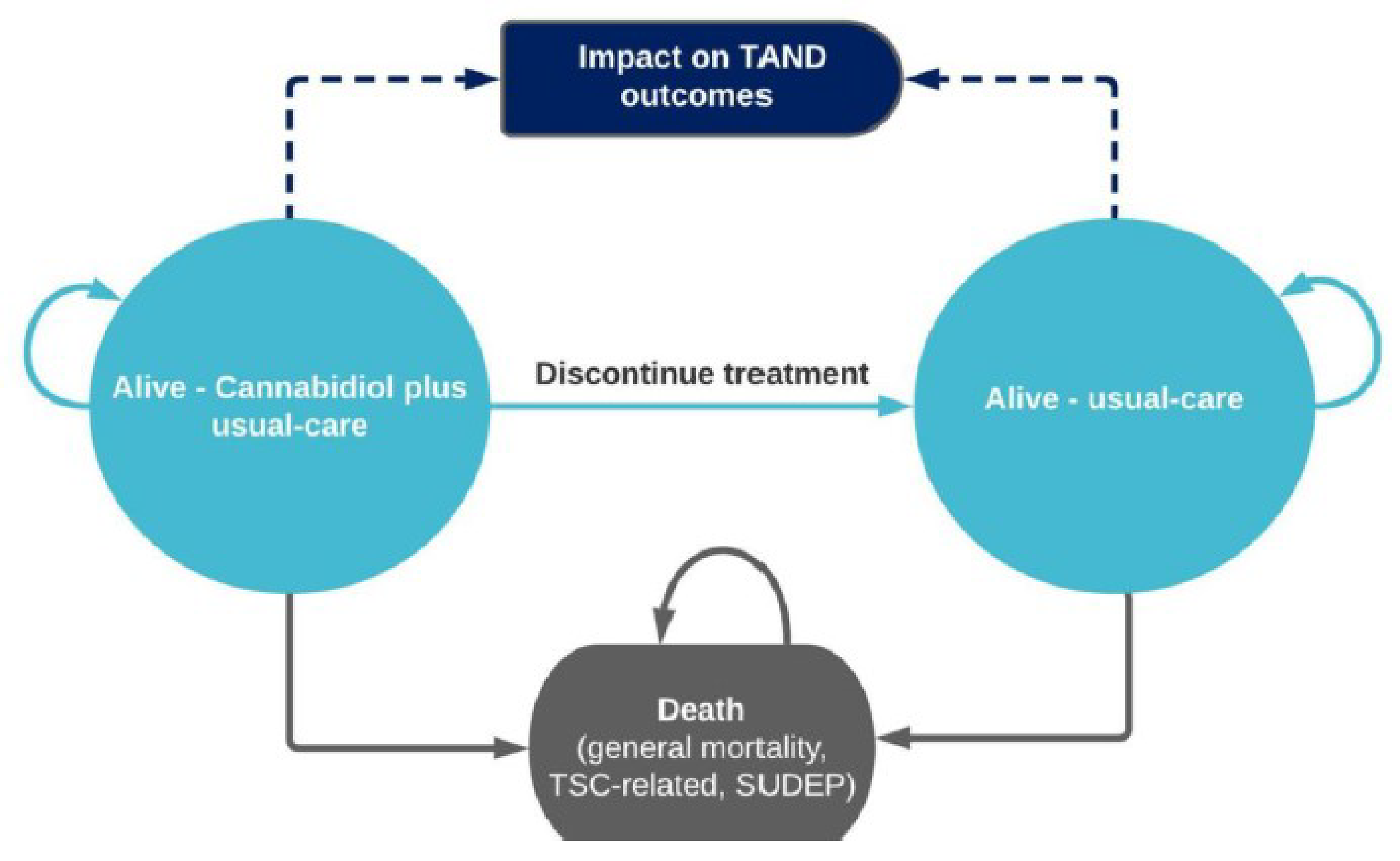 A diagram of a decision model. Patients begin in a state labelled “alive – cannabidiol plus usual care” and may transition to “alive – usual care” if they discontinue treatment. An arrow between the two states represents discontinuation. Patients may experience TAND outcomes from either state and may transition to death from any state.