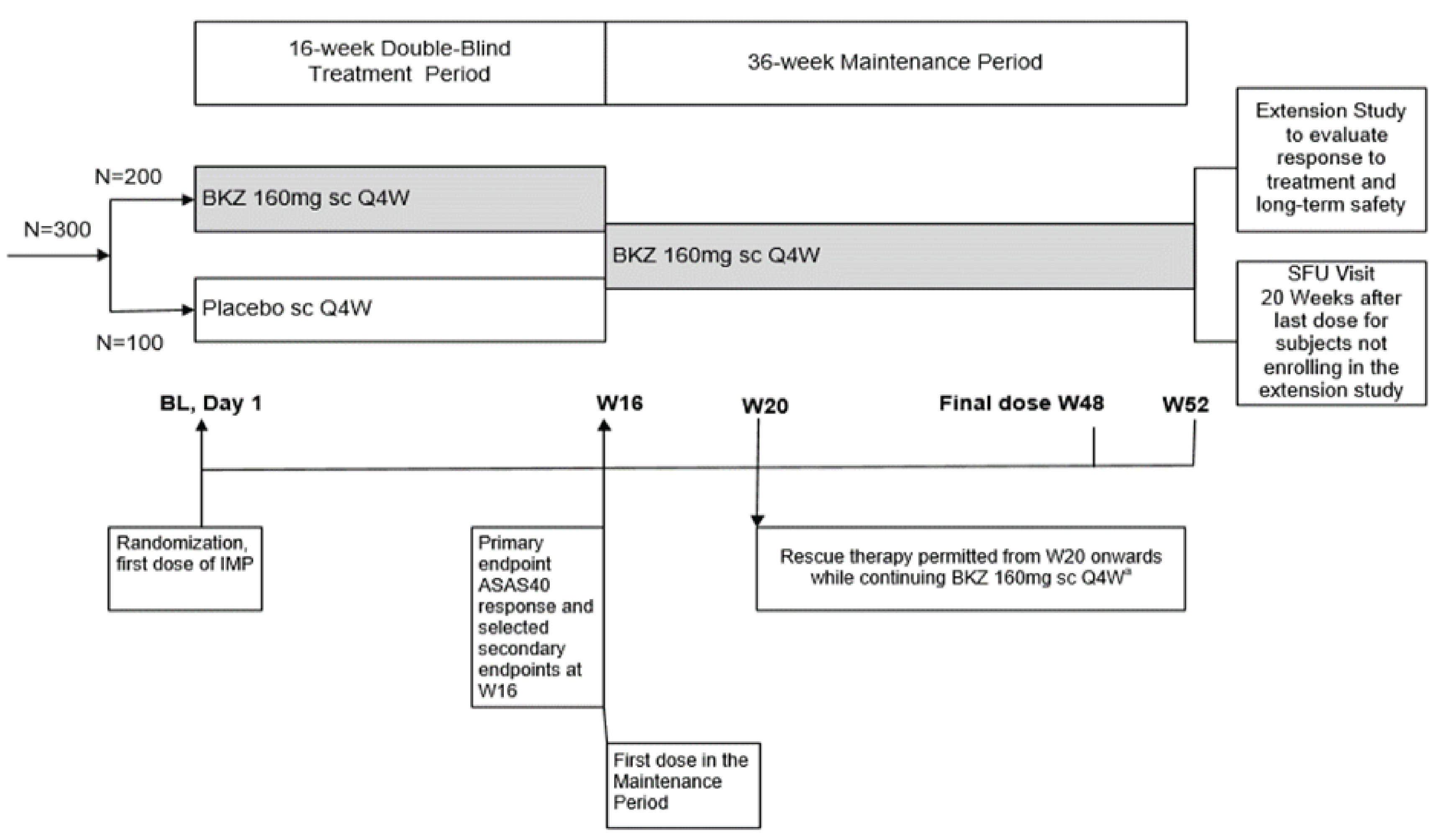 The BE MOBILE 2 trial included the following 3 periods: a screening period (approximately ≥ 14 days to ≤ 35 days), a treatment period (52 weeks) consisting of a 16-week double-blind treatment period, a 36-week maintenance period, and a safety follow-up period for those who discontinued or did not roll over into the open-label extension study (20 weeks after the final dose of bimekizumab).