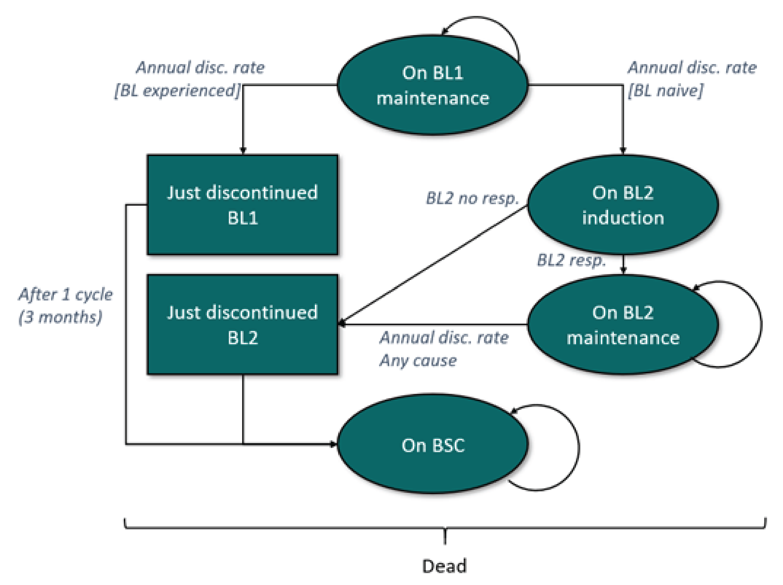 A diagram with 4 health states represented as ellipses and two non-health states represented as rectangles. The health states are “On BL1 maintenance”, “On BL2 induction”, “On BL2 maintenance”, and “On BSC”. The two non-health states are “Just discontinued BL1” and “Just discontinued BL2”. Arrows describe transitions between the states.