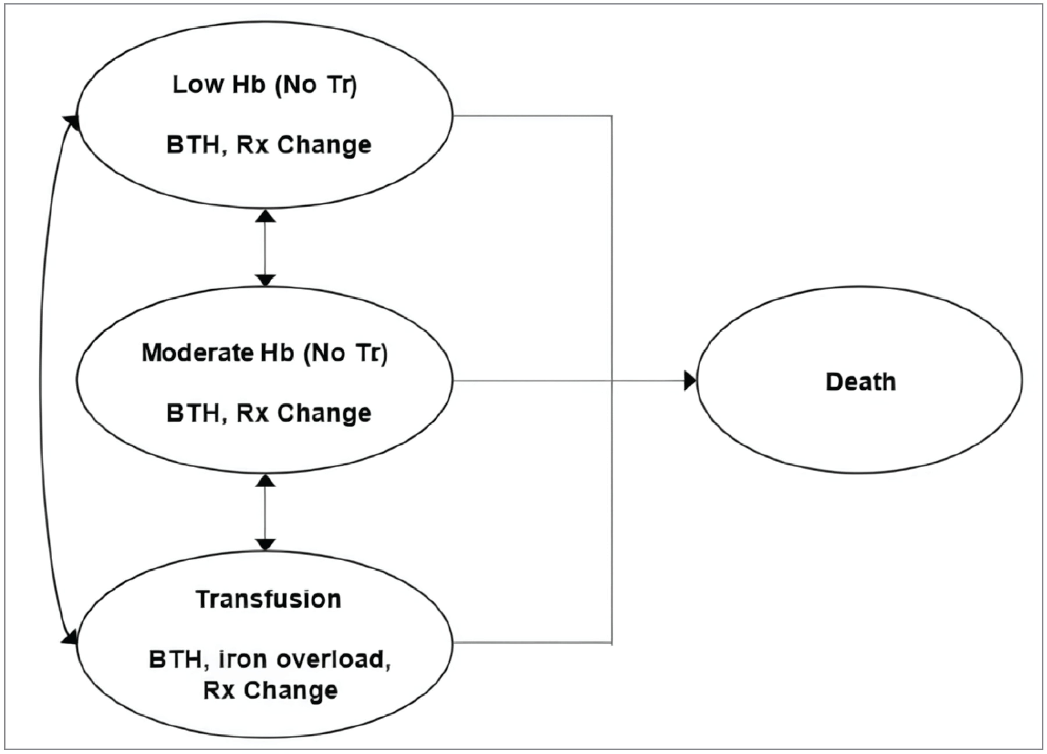 A model structure in which individuals can remain with low hemoglobin and no transfusion state or transition to moderate hemoglobin and no transfusion state or transfusion state. Individuals in the moderate hemoglobin and no transfusion state or transfusion state can remain in that state or transition to any of the other 2 hemoglobin or transfusion states. Individuals can experience breakthrough hemolysis, dose change, or death from any point in the model. Individuals can only experience iron overload in the transfusion state.