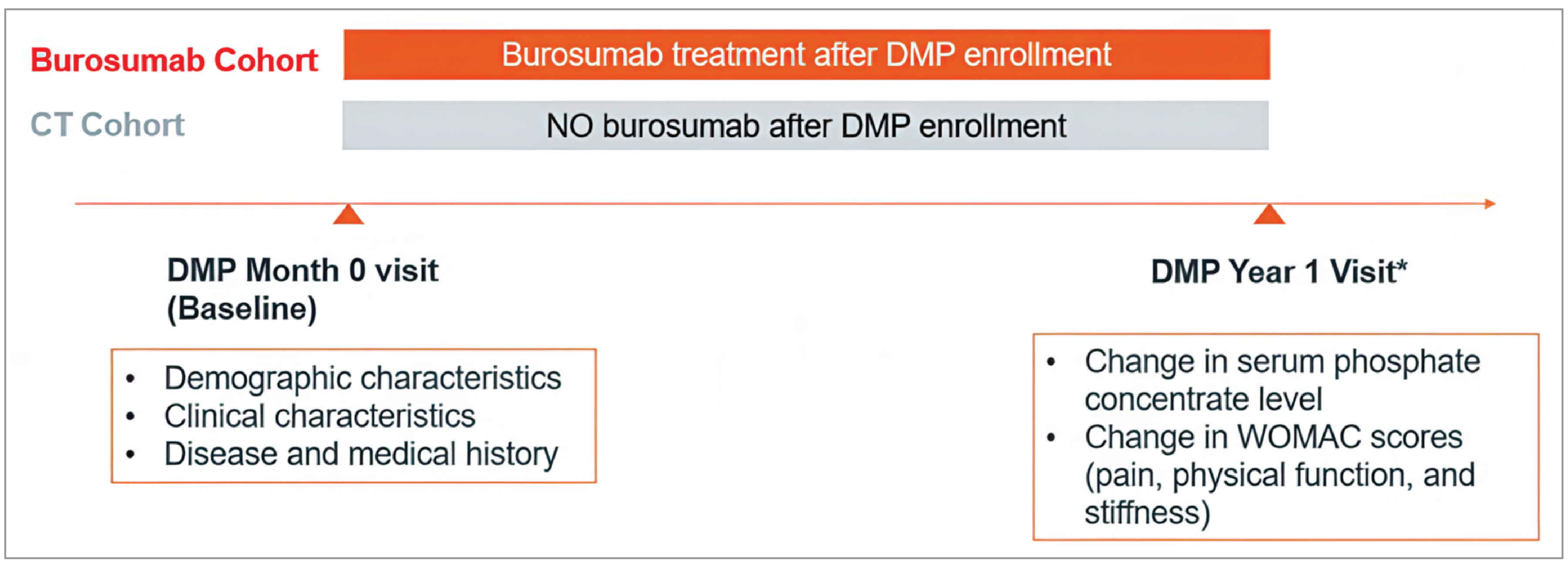 Figure 4 contains a horizontal timeline with DMP study month 0 visit (baseline) and DMP study year 1 visit marked at opposite ends. At the DMP study baseline visit, demographic characteristics, clinical characteristics, and disease and medical history are collected for both the burosumab cohort and the conventional therapy cohort. At the DMP study year 1 visit, the change in serum phosphate concentration level and the change in WOMAC scores (pain, physical function, and stiffness) are collected.