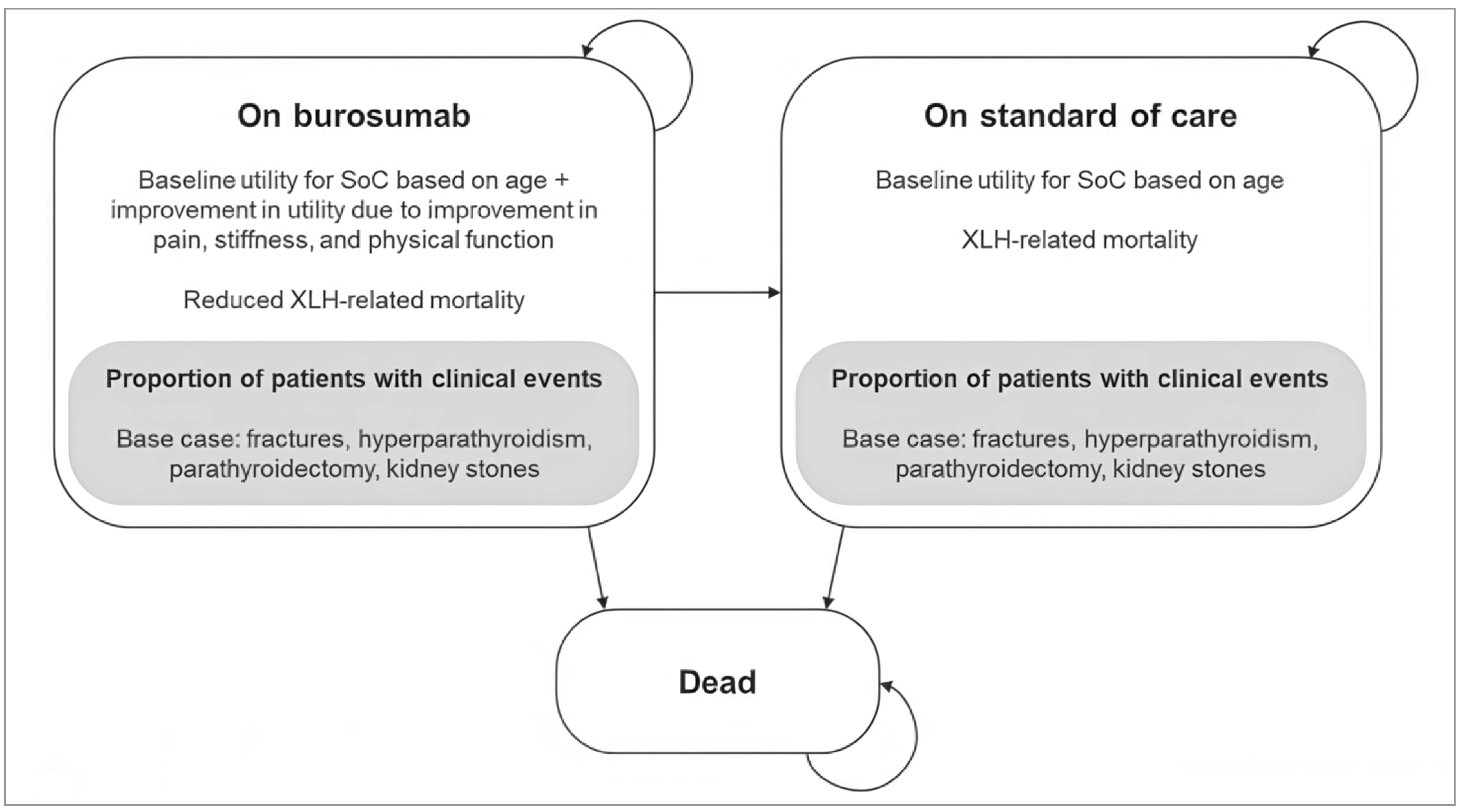 This figure presents the submitted model structure, which is composed of 3 health states: on burosumab, on SOC, and dead. All patients enter the model either on treatment with burosumab or SOC. Patients receiving burosumab can discontinue treatment and transition to the SOC state, or continue on burosumab until transitioning to the dead state. Patients receiving SOC continued to receive SOC until transitioning to the dead state.