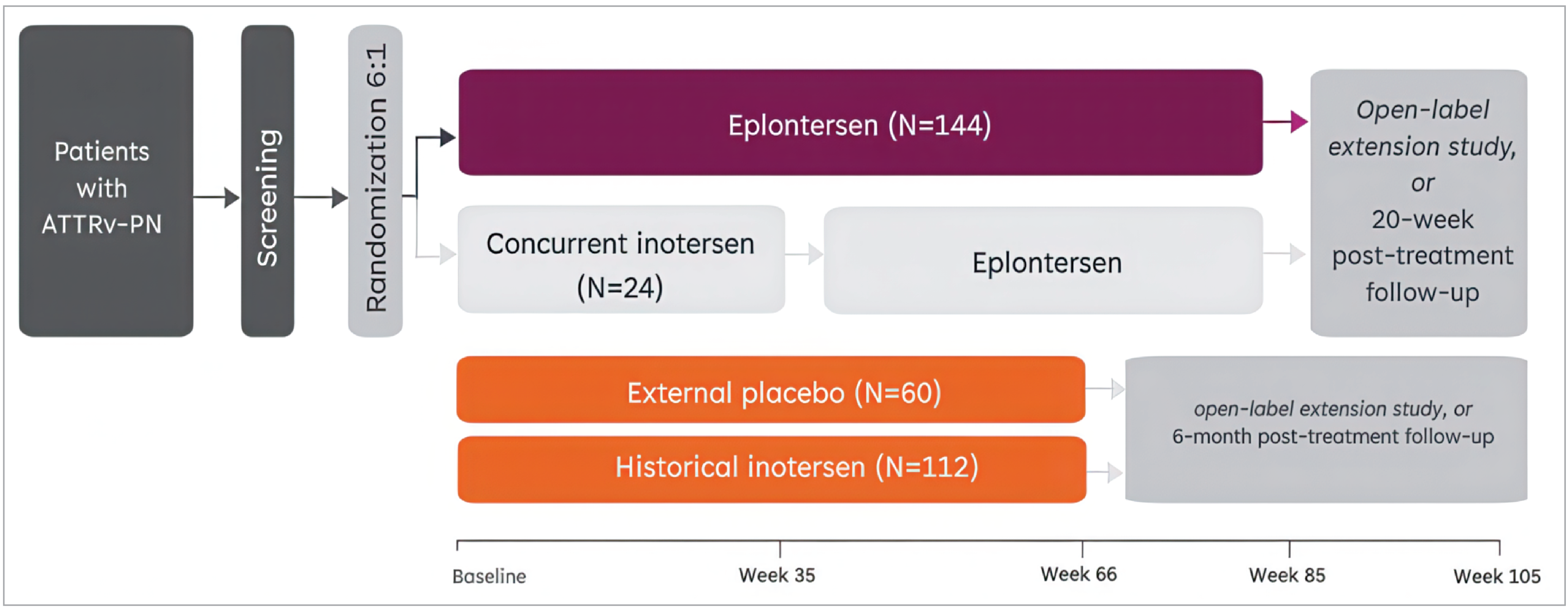 Schematic overview of the design of the NEURO-TTRansform study. Study eligibility was assessed during a 10-week screening period. Eligible patients were randomized 6 to 1 to eplontersen for 81 weeks or concurrent inotersen for 34 weeks and were then switched to eplontersen from week 37 to week 81. There were a total of 11 onsite visits from week 1 onward. End-of-treatment assessments were conducted at week 85, at which point eligible patients could enrol in a long-term extension study during which they would continue to receive eplontersen once every 4 weeks. Patients who did not enter the long-term extension study entered a 20-week safety monitoring period. The NEURO-TTRansform study also included 2 external control groups (placebo and inotersen) from the NEURO-TTR study.