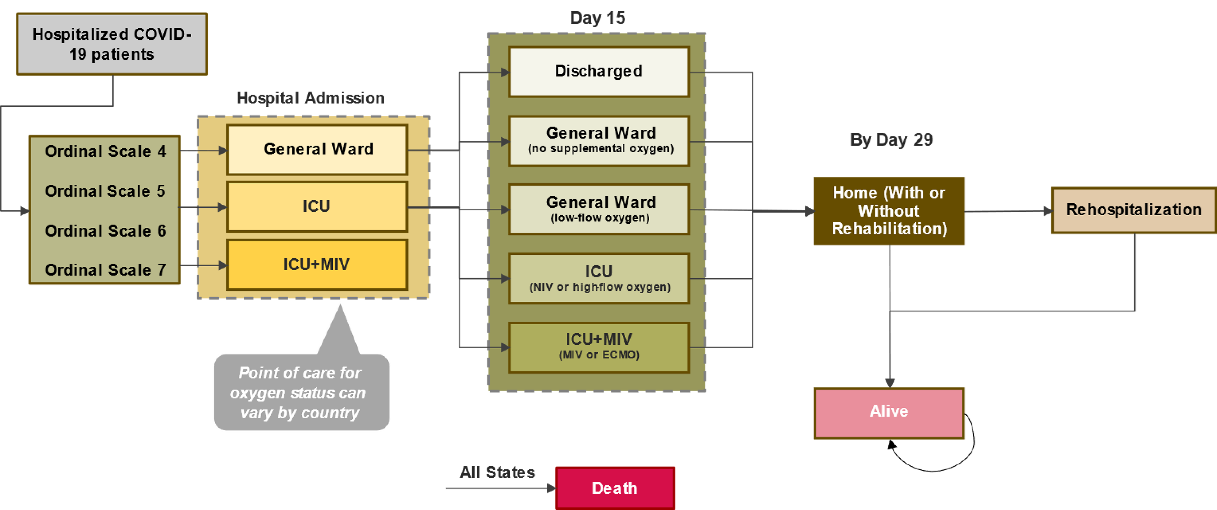 All patients enter the model as being hospitalized COVID-19 patients. From there, individuals have an ordinal scale score of 4, 5, 6, or 7. These scores assist in determining where individuals are admitted in hospital (general ward, ICU, or ICU with mechanical invasive ventilation). After 15 days, individuals are either discharged, in the general ward (with no supplemental oxygen), in the general ward (with supplemental oxygen), in the ICU (non-invasive ventilation or high-flow oxygen), or in the ICU and on mechanical invasive ventilation or ECMO. After 29 days, individuals are home with or without rehabilitation, or rehospitalized. Patients can die at any health state in the inpatient model structure.