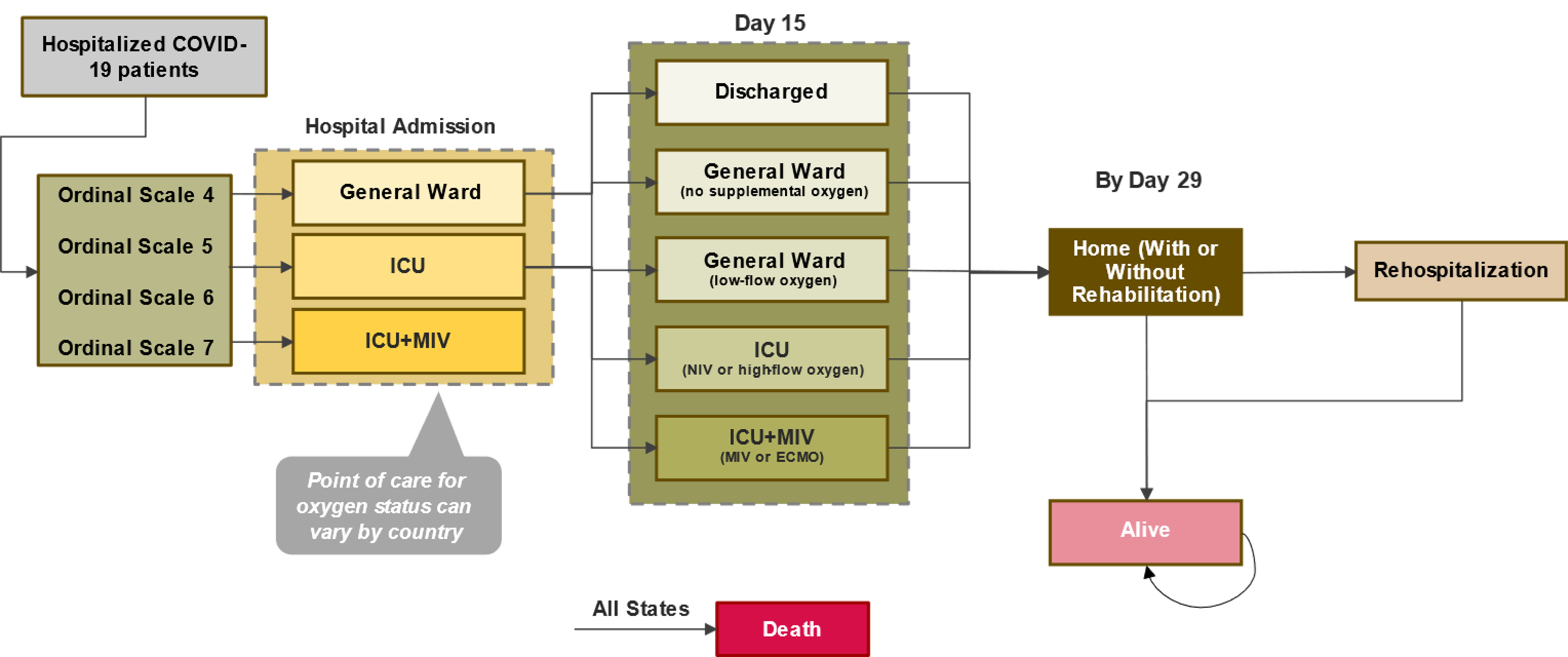 All patients enter the model as being hospitalized COVID-19 patients. From there, individuals have an ordinal scale score of 4, 5, 6 or 7. These scores assist in determining where individuals are admitted in hospital (general ward, ICU, or ICU with mechanical invasive ventilation). After 15 days, individuals are either discharged, in the general ward (with no supplemental oxygen), in the general ward (with supplemental oxygen), in the ICU (non-invasive ventilation or high-flow oxygen), or in the ICU and on mechanical invasive ventilation or extracorporeal membrane oxygenation. After 29 days, individuals are home with or without rehabilitation, or rehospitalized. Patients can die at any health state in the inpatient model structure.