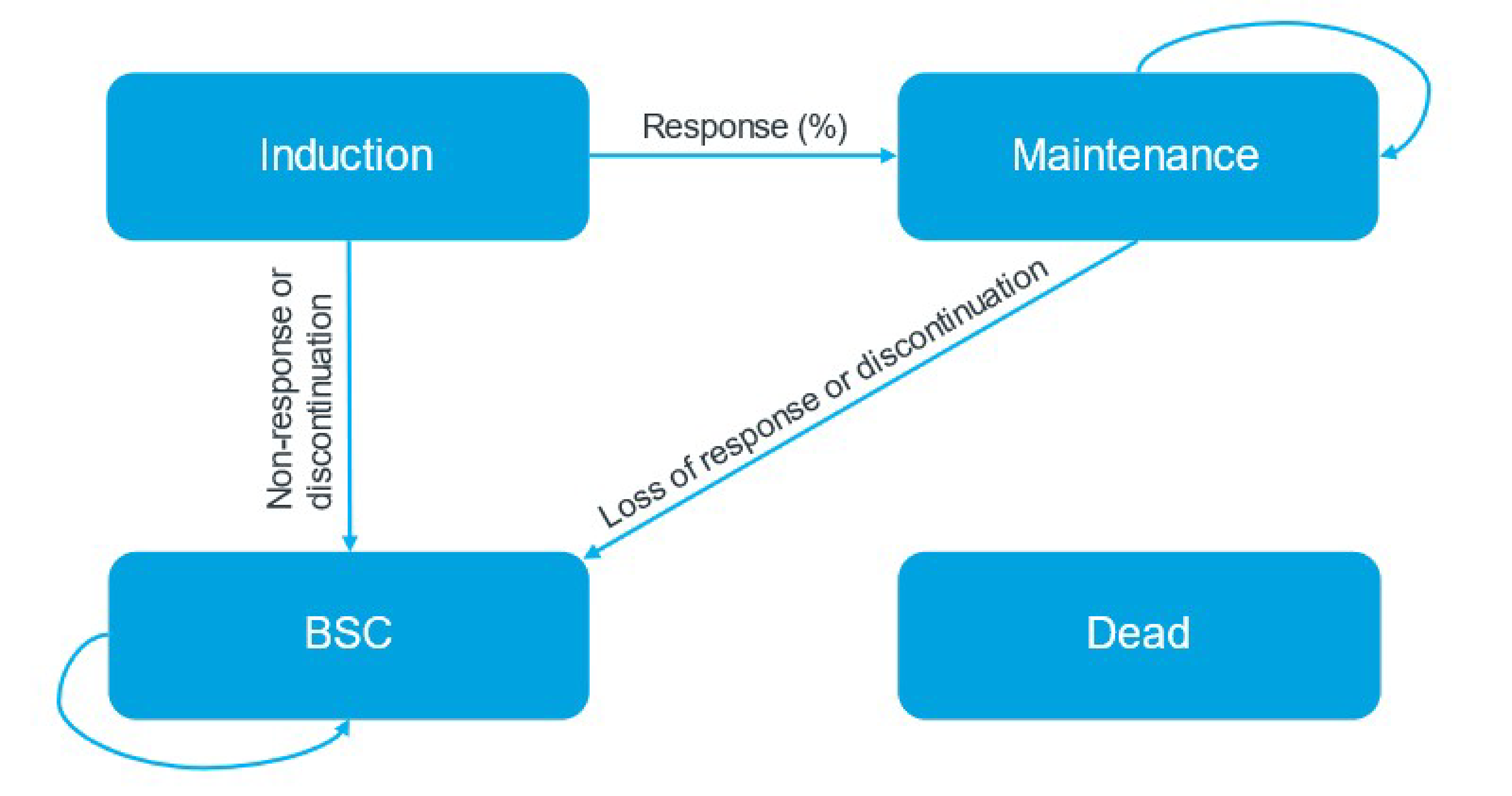 Figure 1 shows the submitted model structure that is composed of 4 health states: induction, maintenance, best supportive care, and death. Patients enter the model in the induction health state and receive baricitinib or no active treatment for 36 weeks. Patients who respond to treatment at the end of the induction period transition to the maintenance health state, where they remain on treatment. Patients in the maintenance health state who experience a loss of response transition to the BSC health state. Patients who do not respond to treatment at the end of the induction period, as well as patients who discontinue treatment with baricitinib or no active treatment before the end of the induction period, also transition to the BSC health state. Patients may transition to the death state from any health state and at any time.