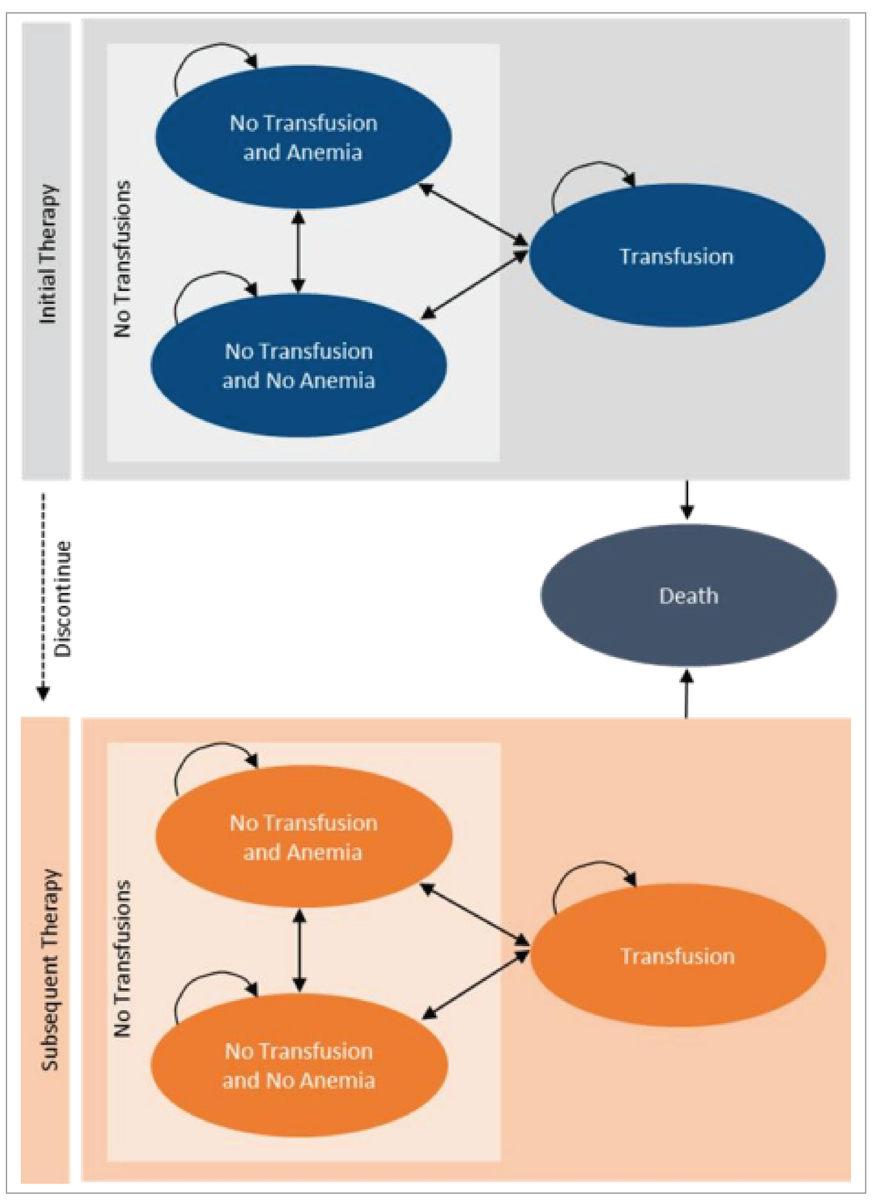 A semi-Markov diagram with 4 health states and arrows indicating possible transitions between states (No Transfusion and Anemia, No Transfusion and No Anemia, Transfusion, and Death). Patients start the model either in the No Transfusion and Anemia health state or in the Transfusion health state. Every cycle, patients can remain in their current health state or transition to any other health state. While in those health states, patients can also change from the initial therapy to subsequent therapies, from which they assume different transition probabilities. Death is an absorbing state that patients could enter at any time, from any health state.