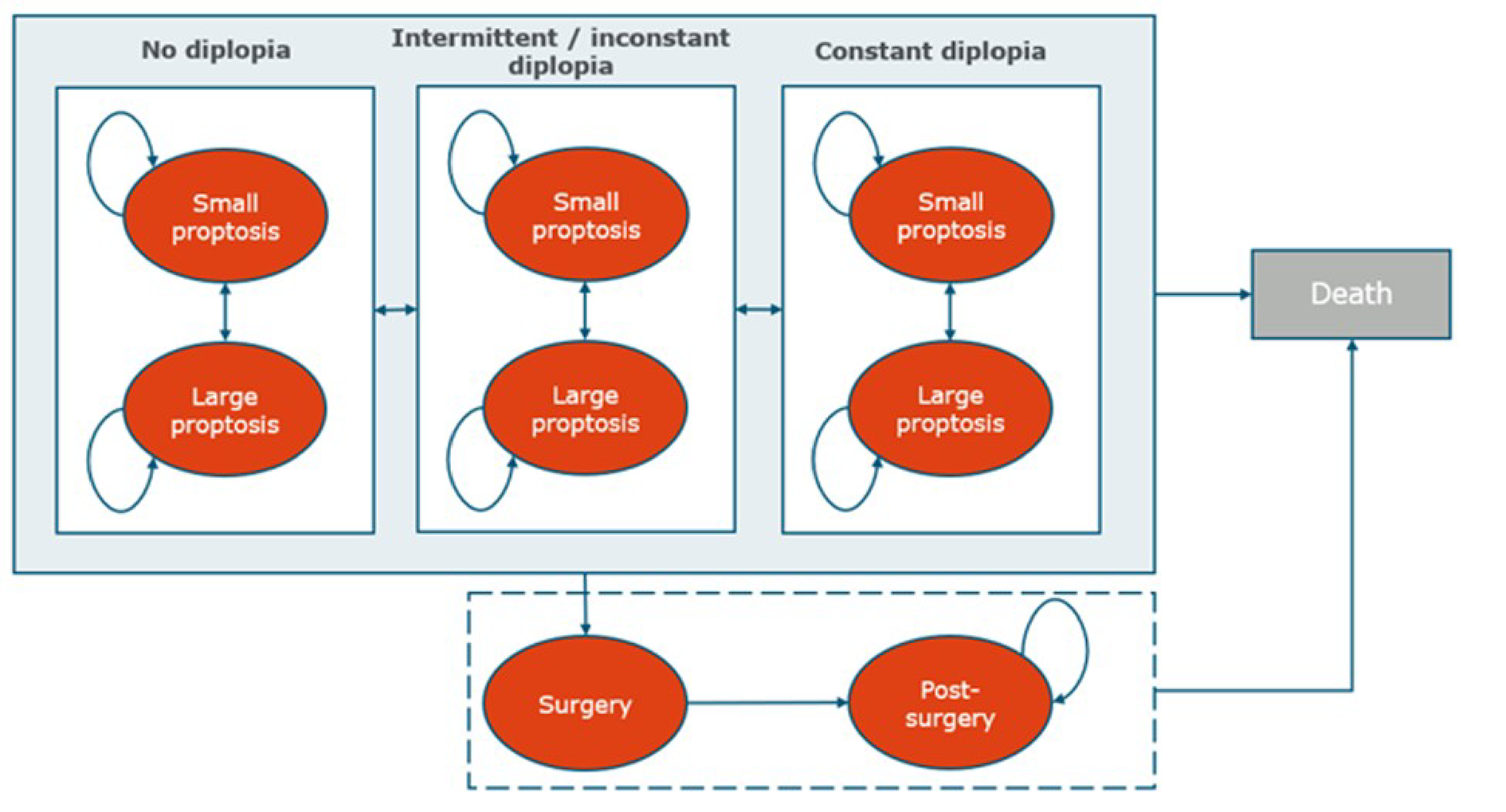 Markov model showing health states defined by diplopia severity (no diplopia, intermittent/inconstant diplopia, and constant diplopia) and proptosis severity (small proptosis and large proptosis). Within each diplopia category, patients can transition between small and large proptosis states, and between diplopia severity categories over time. Patients may also undergo surgery, transitioning from a surgery state to a postsurgery health state. Patients may transition to the death state from all health states.