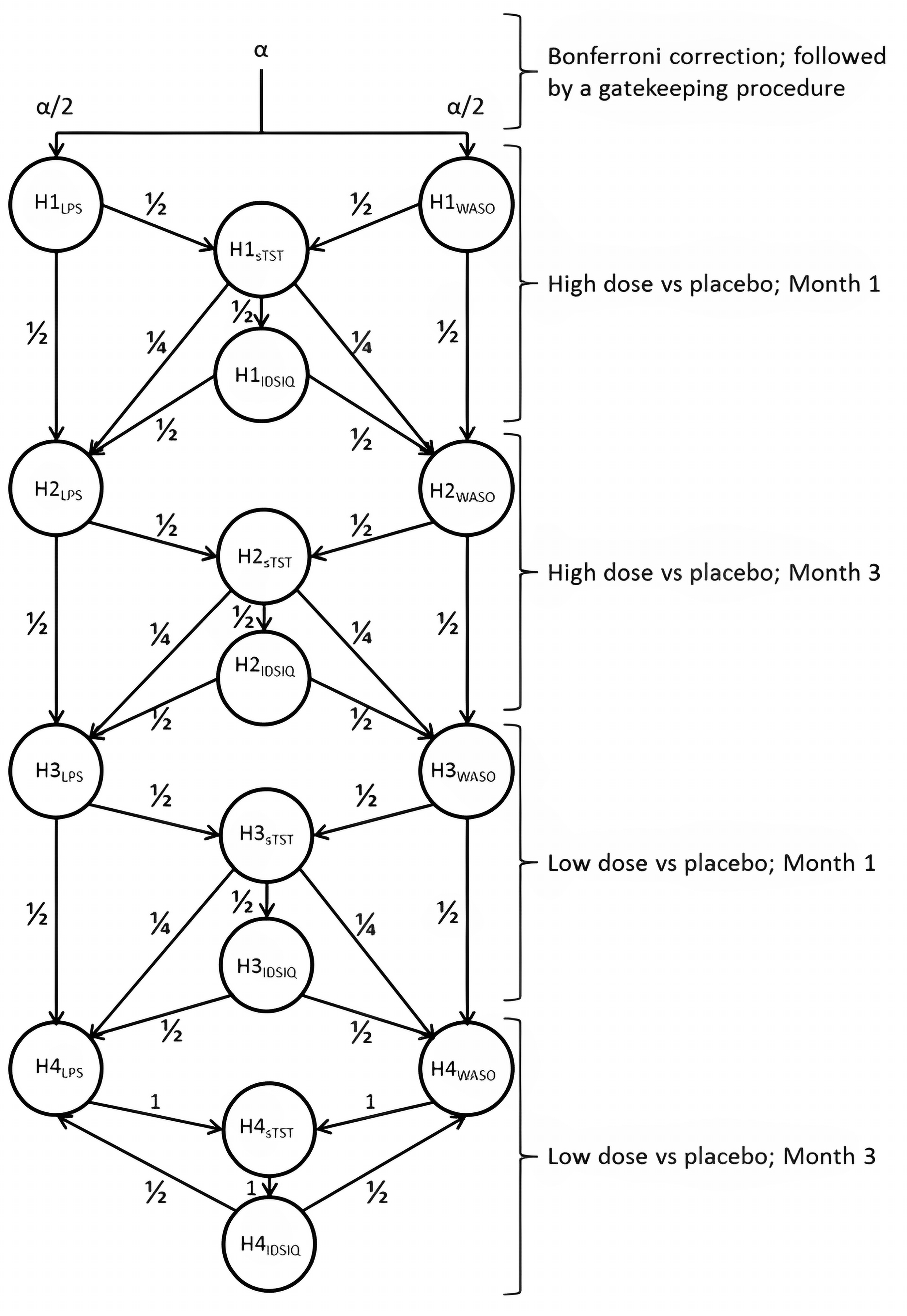 A hierarchical diagram of hypothesis testing in Study 301, using Bonferroni correction followed by a gatekeeping procedure. It illustrates multiple hypotheses comparing high doses and low doses of daridorexant to placebo at month 1 and month 3, with significance levels split across the pathways.