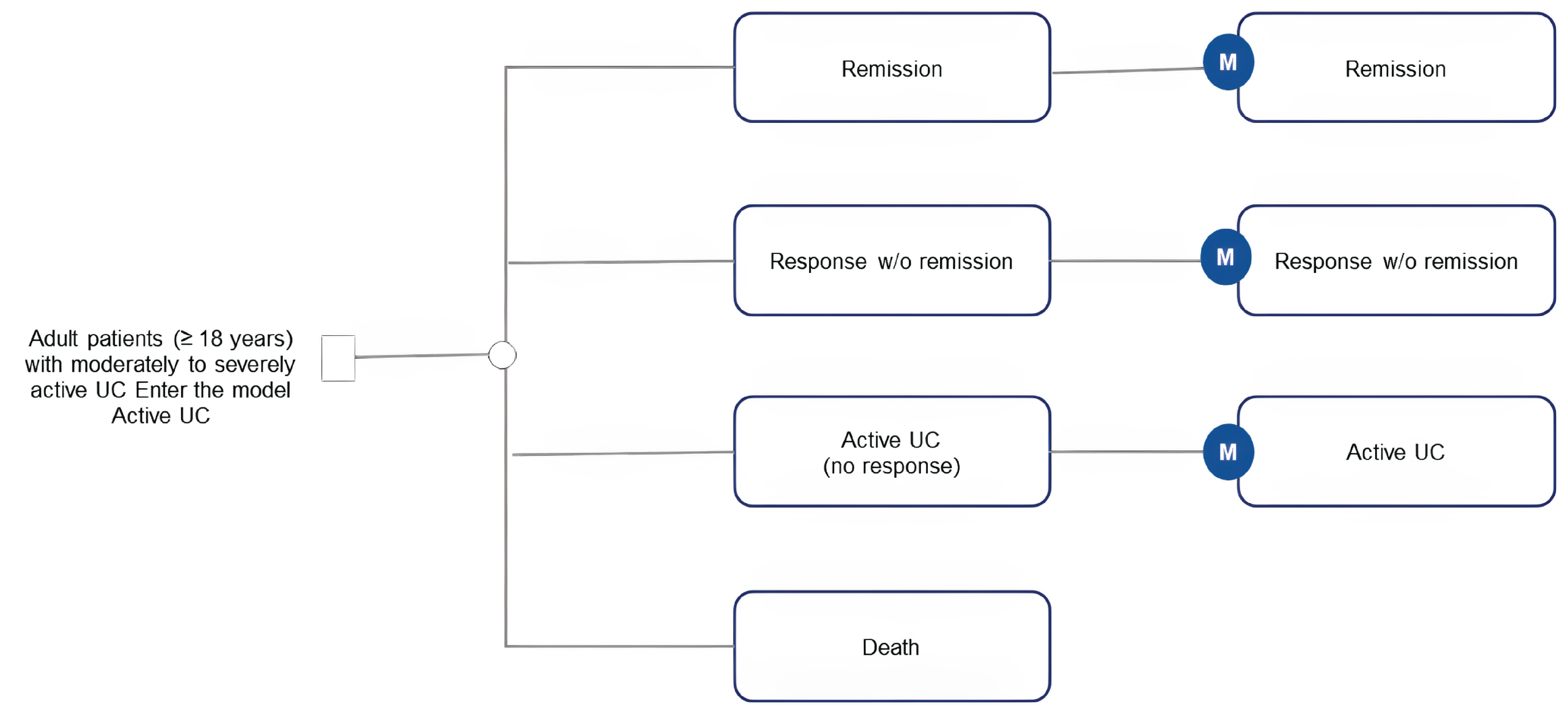 The figure represents how a patient moves between health states in the sponsor-submitted model during the induction period. Each rectangle represents a health state, and lines indicate how patients can move between states.