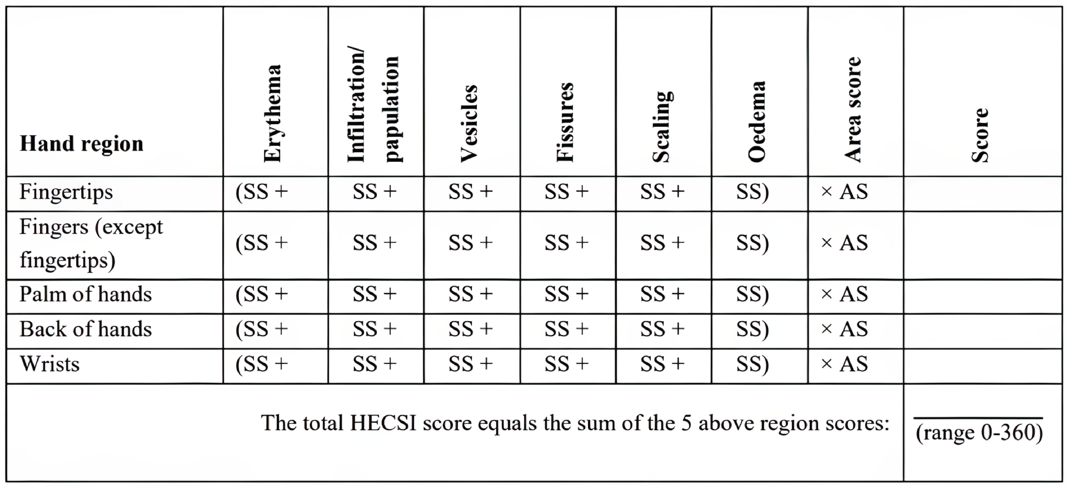 A figure depicting the calculation of the HECSI score. First column with specific hand region and then each item to the right as reported in the text.