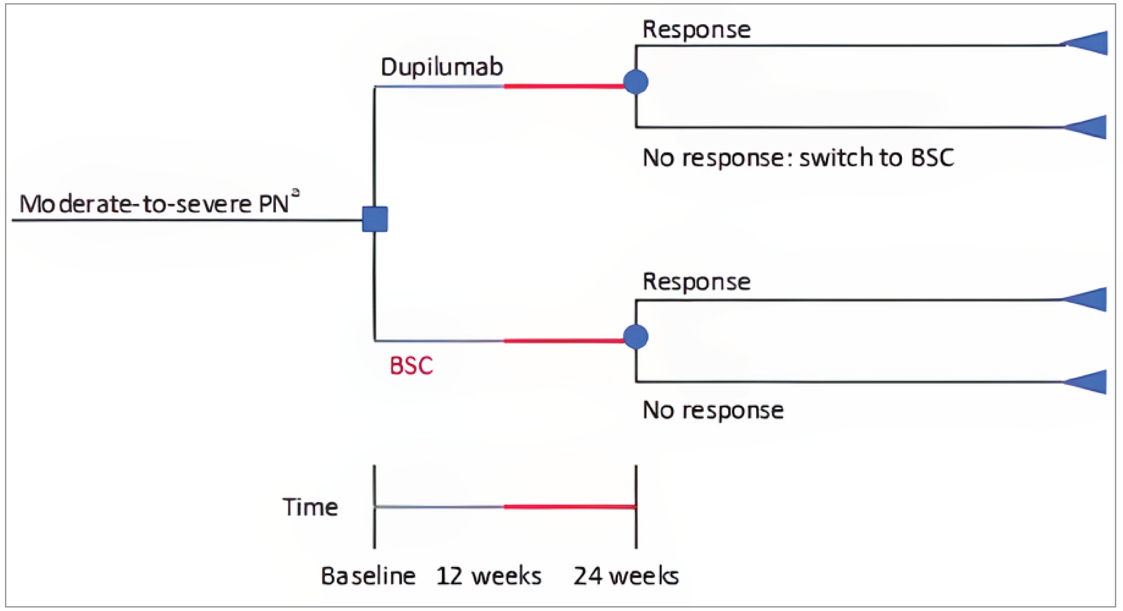 A branching diagram of a decision tree. The origin node describes individuals with moderate to severe PN receiving either dupilumab or BSC and then either having a treatment response or not.