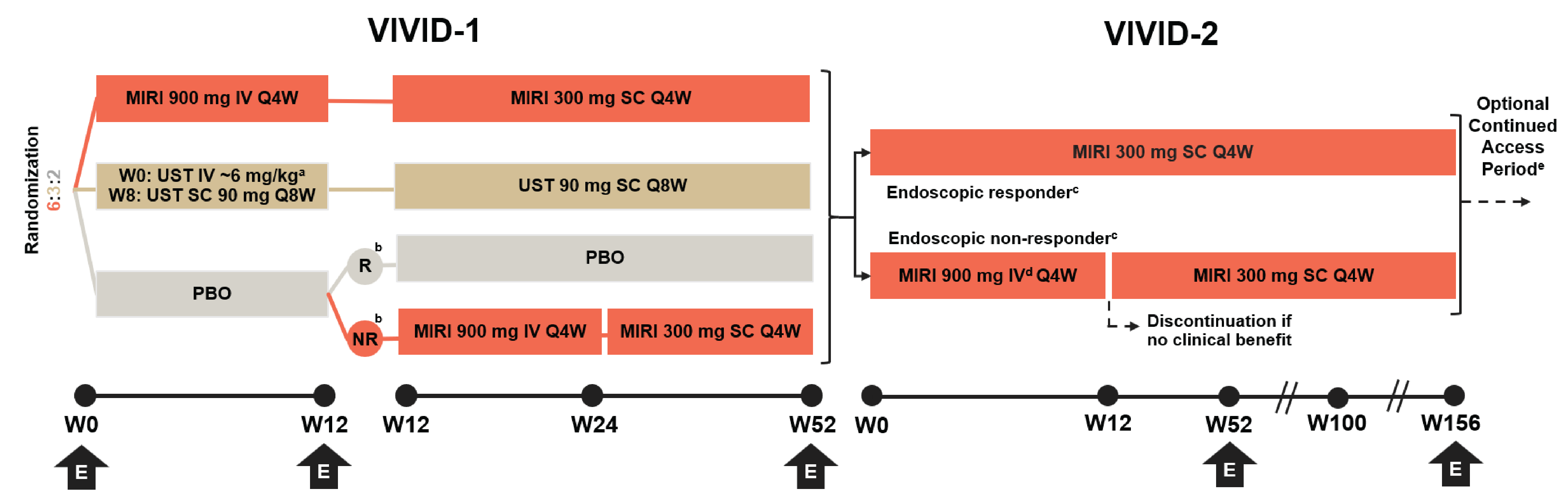 At the end of the 52 weeks of the VIVID-1 study, eligible patients enrolled in the VIVID-2 LTE study. Patients were separated into 2 groups according to their response in the VIVID-1 trial. Patients who achieved at least a 50% reduction from baseline in SES-CD score at week 52 of the VIVID-1 study, irrespective of their prior treatment groups, were considered as endoscopic responders. Endoscopic responders received maintenance dosing only (i.e., mirikizumab 300 mg SC every 4 weeks). Endoscopic nonresponders received reinduction (i.e., mirikizumab 900 mg IV every 4 weeks for 3 doses) followed by maintenance dosing (i.e., mirikizumab 300 mg SC every 4 weeks). If the patient derived no clinical benefit, based on investigator assessment, they were discontinued from the study. After 156 weeks, patients eligible for the continued access period would continue to receive maintenance dosing (i.e., mirikizumab 300 mg SC every 4 weeks). Patients not eligible for the continued access period would return for posttreatment follow-up.