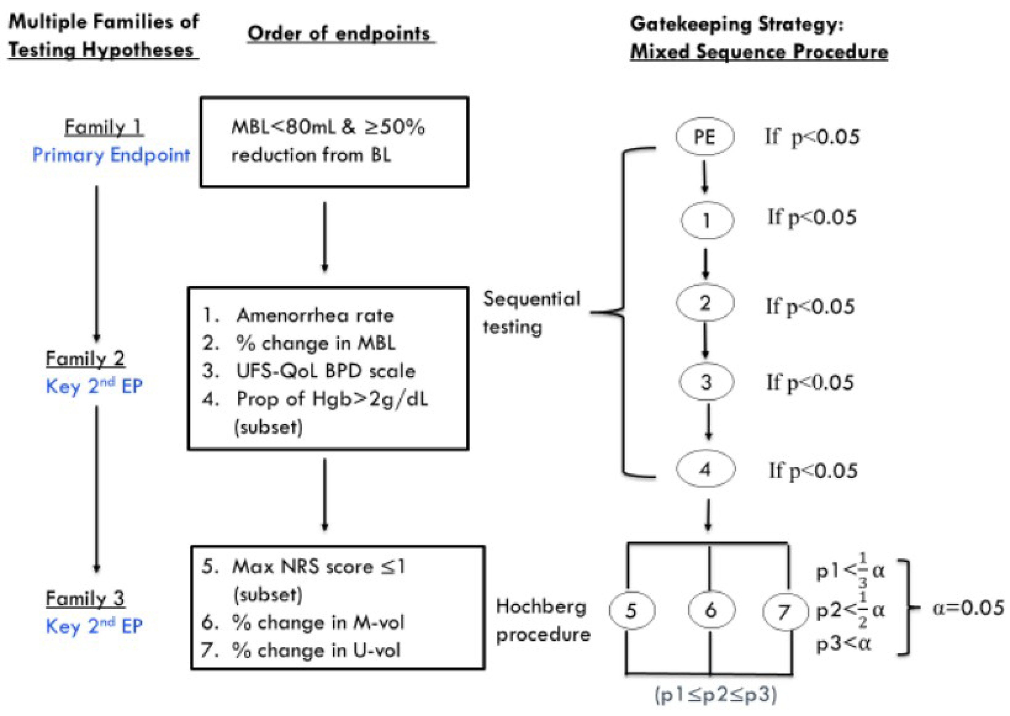 The primary and 7 key secondary end points of the LIBERTY 1 trial were tested in order by family. Family 1 included the primary end point: the proportion of patients in the RGX-E2-NETA group versus placebo group who experienced an MBL volume of less than 80 mL and a 50% or greater reduction from baseline MBL volume over the last 35 days of treatment, as measured using the alkaline hematin method. Family 2 included 4 key secondary end points: proportion of patients who experienced amenorrhea over the preceding 35 days of treatment, percentage change from baseline to week 24 in MBL volume, change from baseline to week 24 in bleeding and pelvic discomfort scale score as measured using the UFS-QoL SSS, and the proportion of patients with a hemoglobin level of 10.5 g/dL or lower at baseline who experienced an increase of more than 2 g/dL from baseline to week 24. Family 3 included 3 key secondary end points: the proportion of patients who experienced a maximum NRS score of 1 or lower for UF-associated pain in the subset of patients with a maximum pain score 4 or higher who had completed the daily e-diary during the 35 days before randomization, percentage change in UF volume, and percentage change in uterine volume. Each of the end points in family 1 and 2 were tested sequentially. The end points in family 3 were tested using the Hochberg procedure, all at a 2-sided 0.05 significance level.