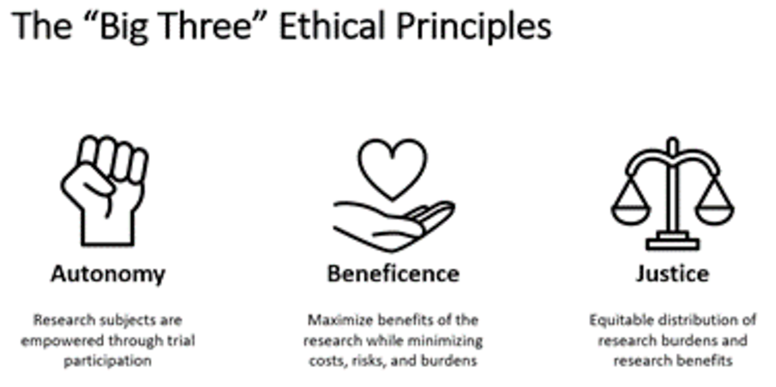 The three big ethical principles around research and clinical trials are autonomy, beneficence, and justice