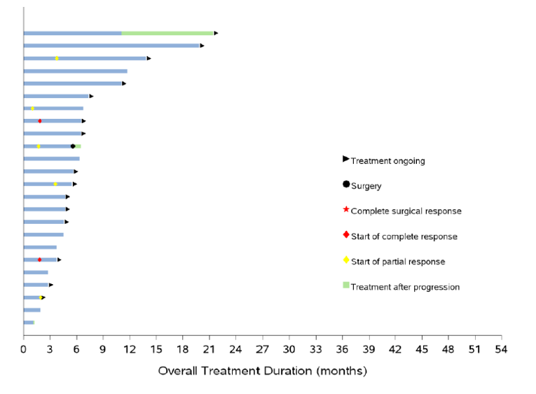 Displays individual patients’ response in the SAS3 dataset to treatment over the course of 0 to 54 months follow-up. The following possible events have been marked on the graph: treatment ongoing, surgery, complete surgical response, start of complete response, start of partial response, and treatment after progression.