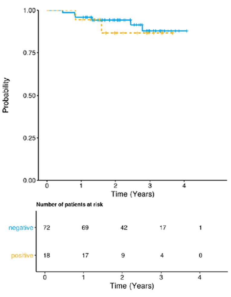 Kaplan-Meier overall survival curves for NTRK-positive and NTRK-negative patients. the curves cross at multiple points, with the number of at-risk NTRK-negative patients at 0, 1, 2, 3, and 4 years being 72, 69, 42, 17, and 1, respectively. For NTRK-positive patients, the numbers of at-risk patients at 0, 1, 2, 3, and 4 are shown to be 18, 17, 9, 4, and 0, respectively.