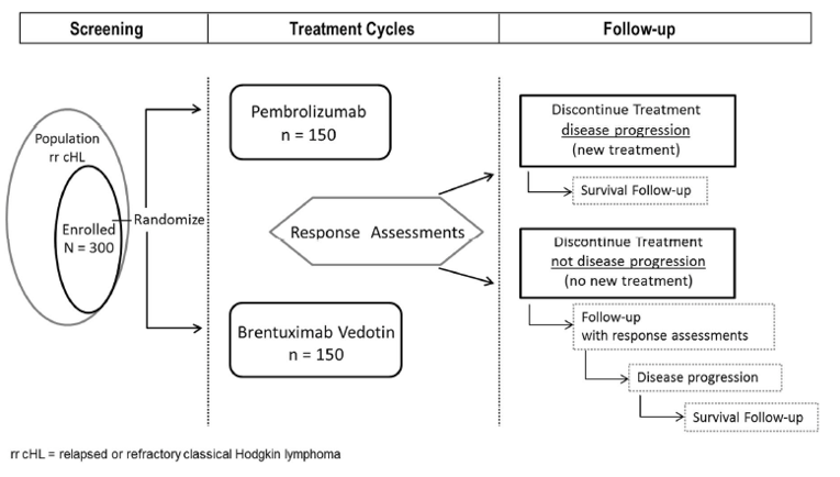 Study design of the KEYNOTE-204 trial, demonstrating patient movement from screening (300 patients enrolled) to randomized treatment with pembrolizumab (n = 150) or brentuximab vedotin (n = 150), and to the follow-up period.