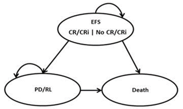 A diagram of a partitioned survival model with 3 states — EFS, PD/RL, and Death — with arrows connecting each state.