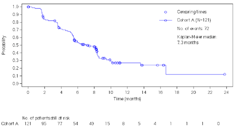 Kaplan-Meier plot of progression-free survival by local investigator assessment in cohort A of the BYLieve study, modified full analysis set. N = 121, number of events = 72, Kaplan-Meier estimate of median = 7.3 months.