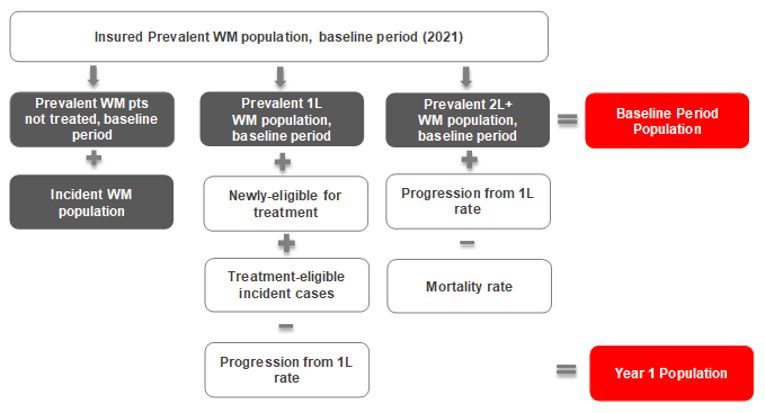 The flow chart below outlines how the sponsor derived the size of the eligible population who would receive treatment with brukinsa. The population was split into prevalent cases who would be eligible for treatment straight away, and incident cases representing patients who would become eligible for treatment over time.