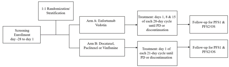 Planned study schematic and patient flow in the pivotal EV-301 study, outlining the transition from screening and enrollment, 1:1 randomization to the enfortumab vedotin arm consisting of treatment on days 1, 8, and 15 of each 28-day cycle until progressive disease or discontinuation, or to docetaxel, paclitaxel, or vinflunine arm consisting of treatment on day 1 of each 21-day cycle until progressive disease or discontinuation, and then follow-up for PFS1, PFS2, and OS.